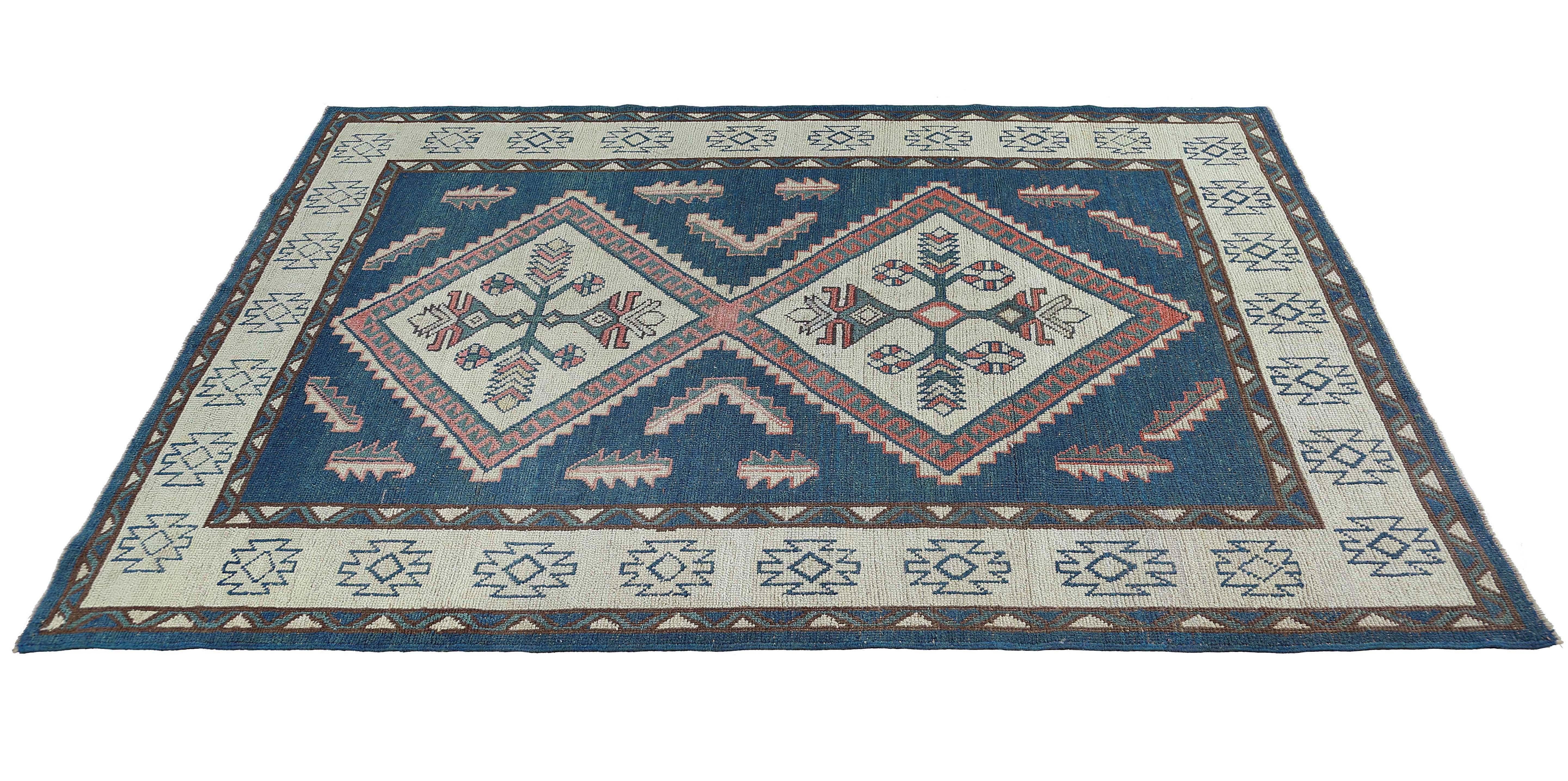 Contemporary Geometric Navy Blue Turkish Rug For Sale