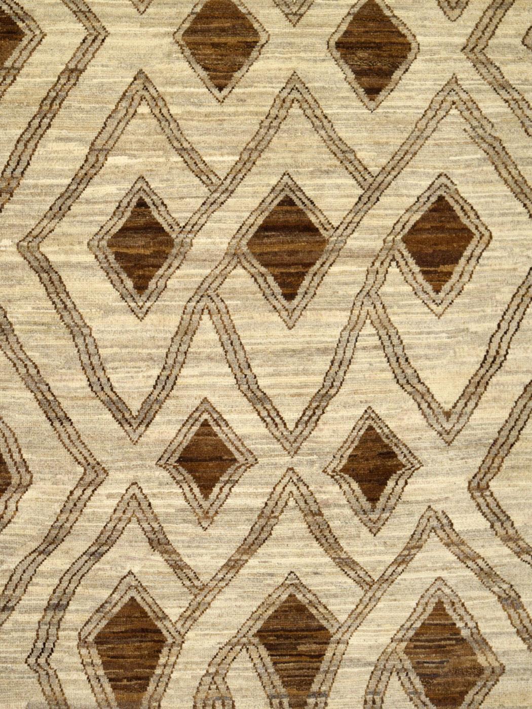 Hand-Knotted Modern Geometric Neutral Wool Carpet in Brown and Cream, 6' x 9' For Sale