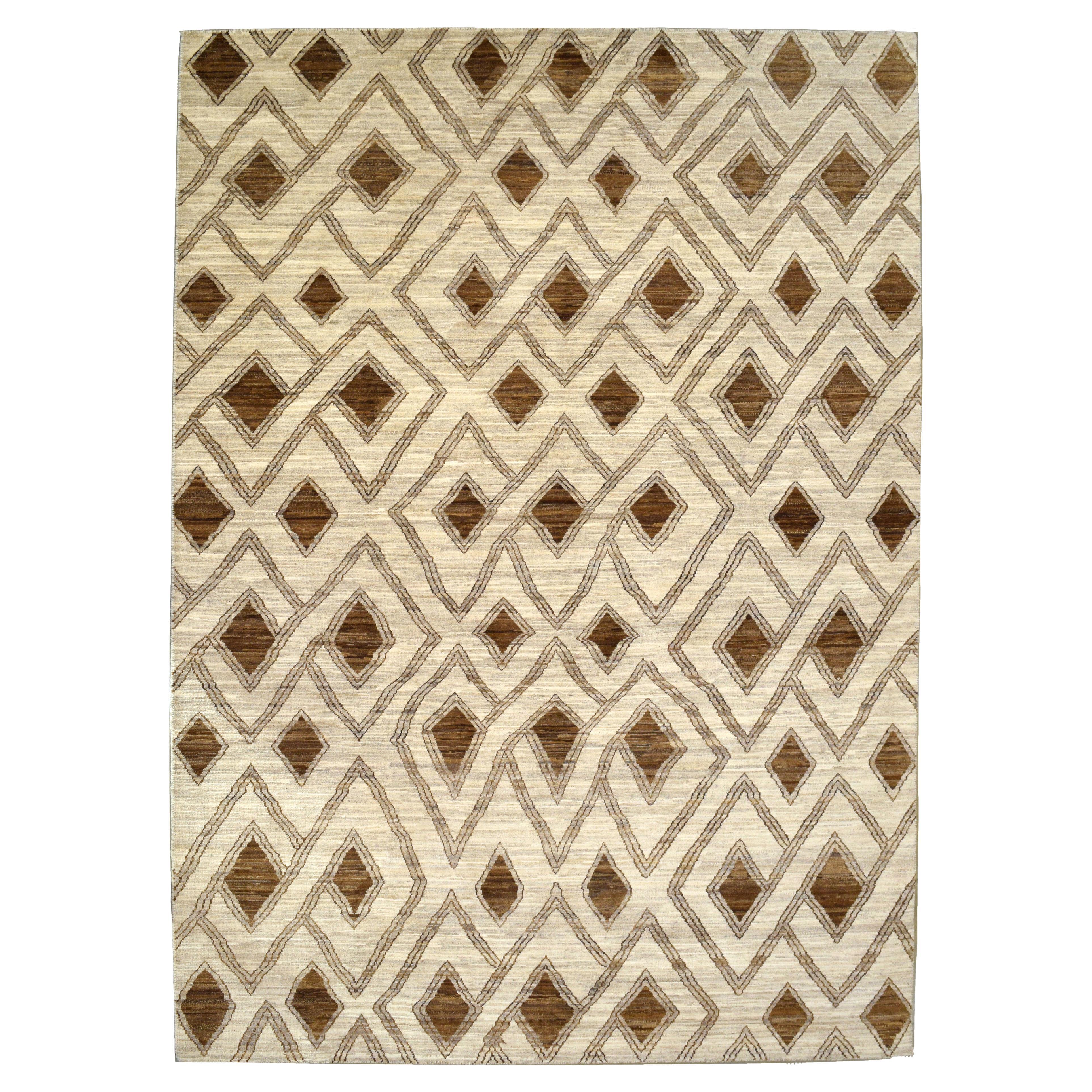Geometric Neutral Wool Carpet in Brown and Cream, 6' x 9'