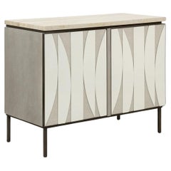 Geometric Oak Cabinet with Brass Accents, Travertine Top, & Fabric-Backed Panels