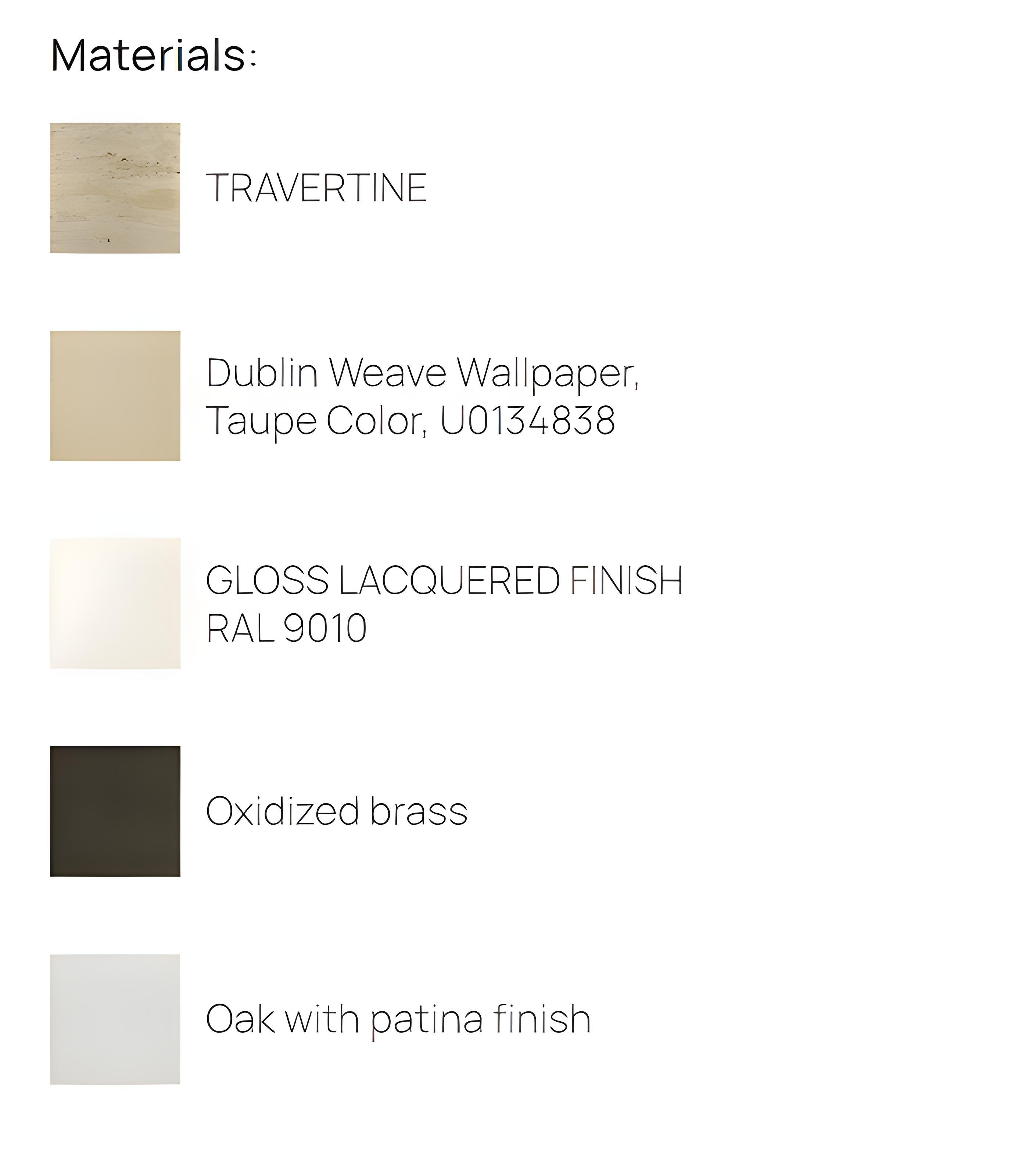 Mobile geometrico in Oak con accenti in ottone, piano in travertino e pannelli in Fabrice In condizioni Nuovo in vendita a NEW YORK, NY