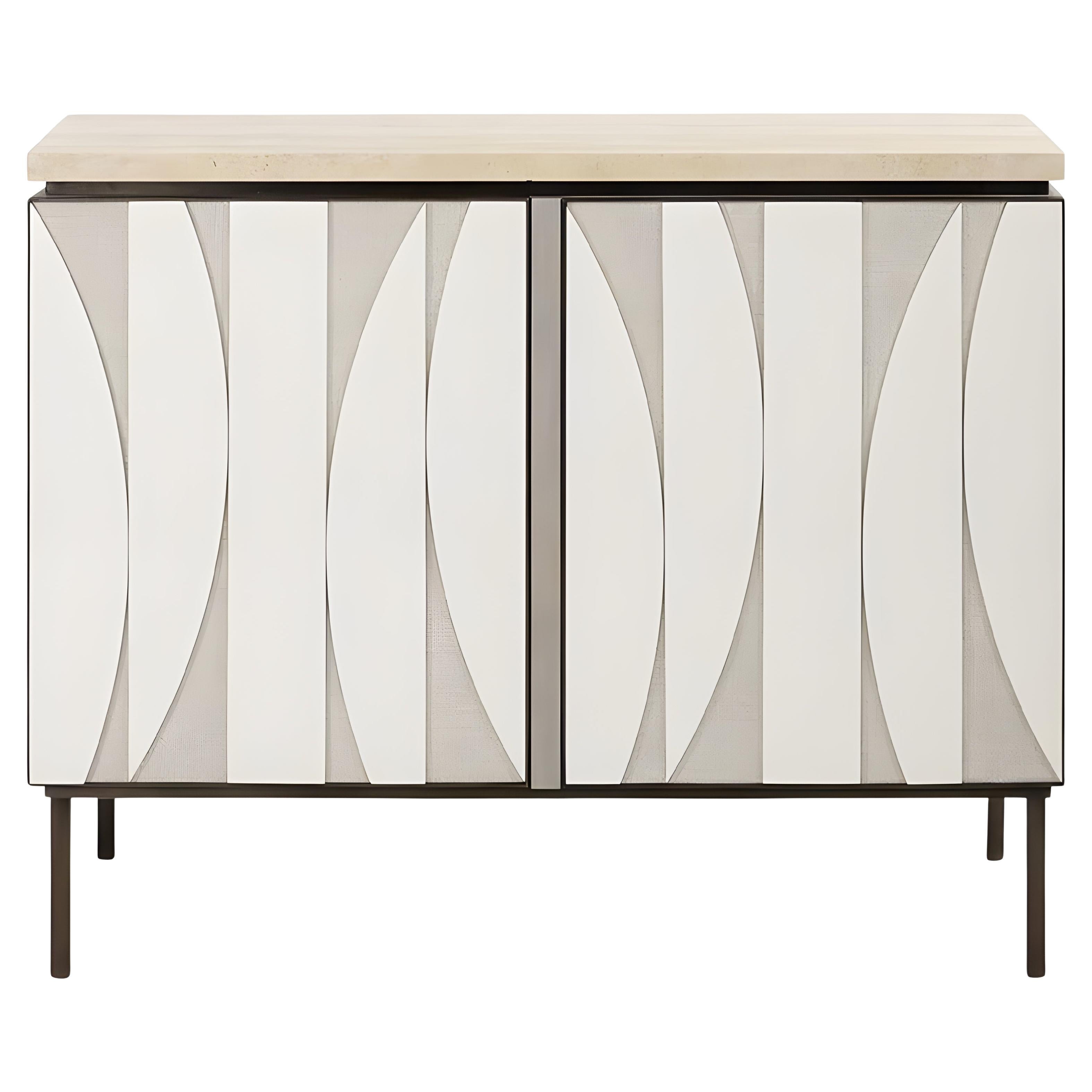 Geometric Oak Cabinet with Brass Accents, Travertine Top, & Fabric-Backed Panels