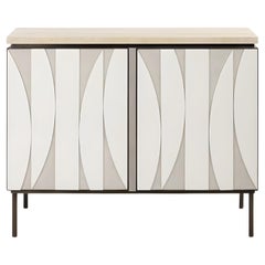 Geometric Oak Cabinet with Brass Accents, Travertine Top, & Fabric-Backed Panels