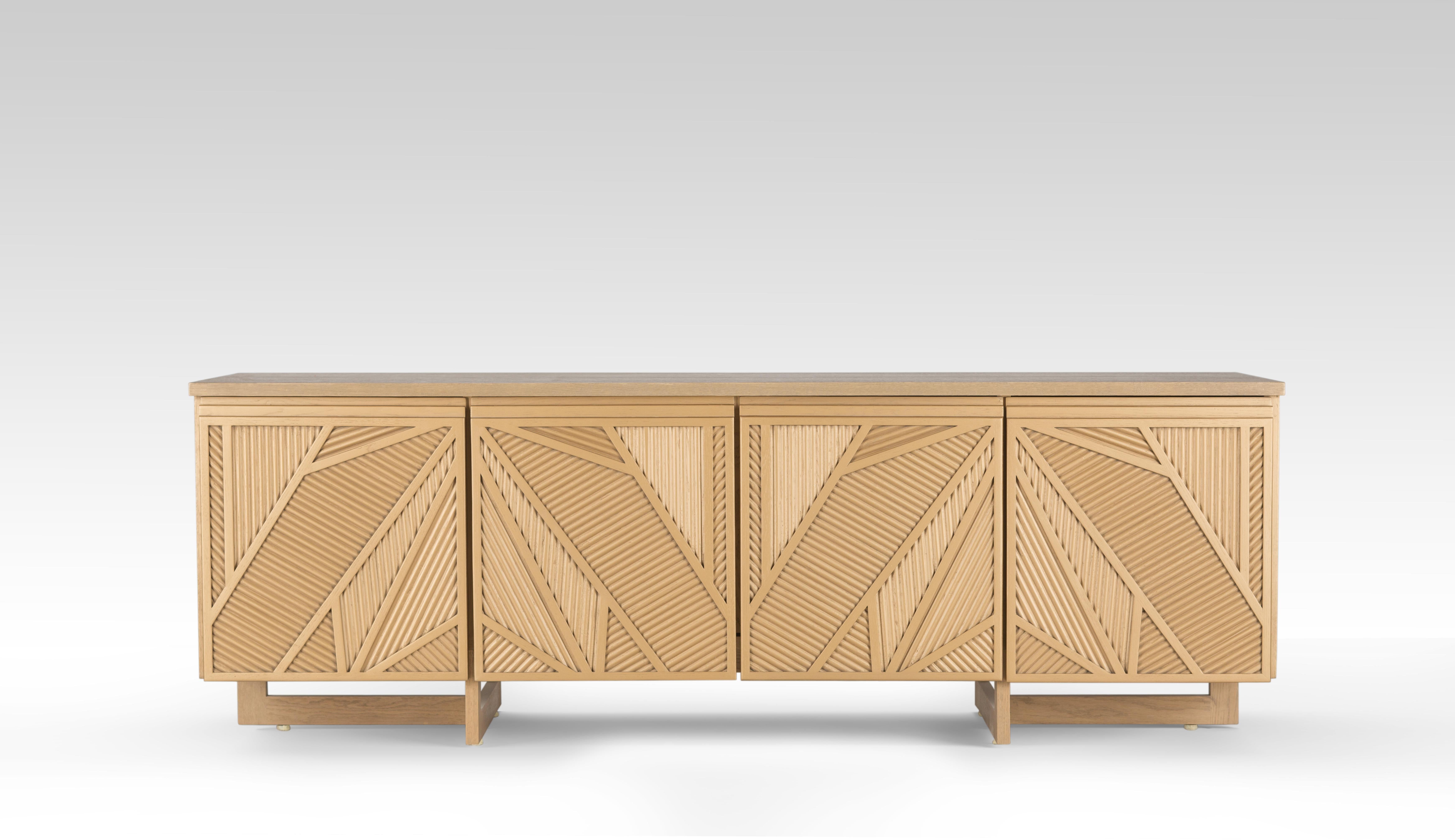 Geometric Oak Sticks TV Unit Inspired from Ancient Egypt Use of Palm Branches. 
Our unique Cool Palm TV unit is made of stained Oak wood sticks manifesting the use of woven palms in the Egyptian heritage. The dynamic pattern of the cabinet will