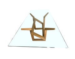 Geometric Oak Wood Base with Glass Top Desk or Dining Table, Spain, 1970s
