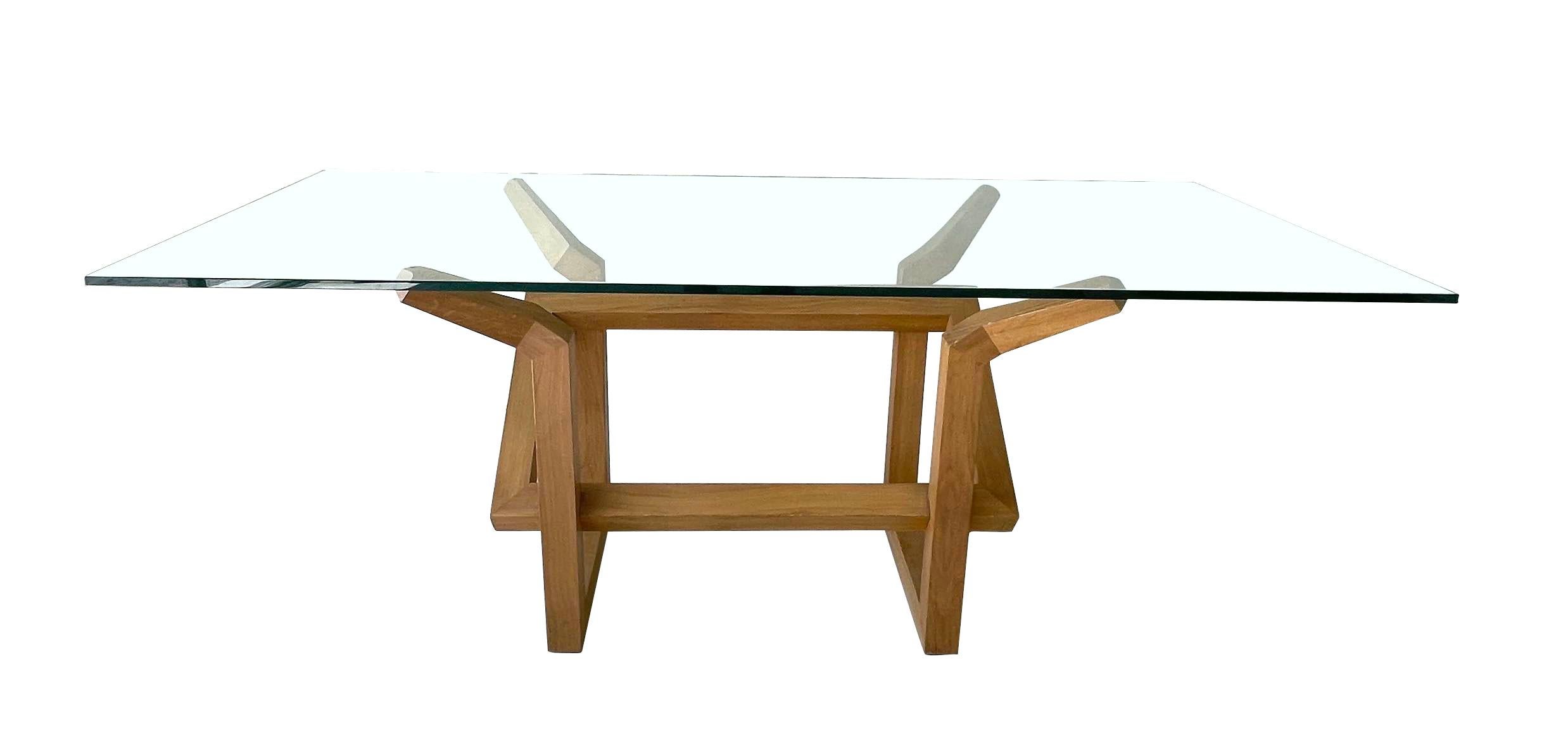 Geometric Oak Wood Base with Glass Top Desk or Dining Table, Spain, 1970s In Good Condition In New York, NY