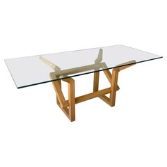 Geometric Oak Wood Base with Glass Top Desk or Dining Table, Spain, 1970s