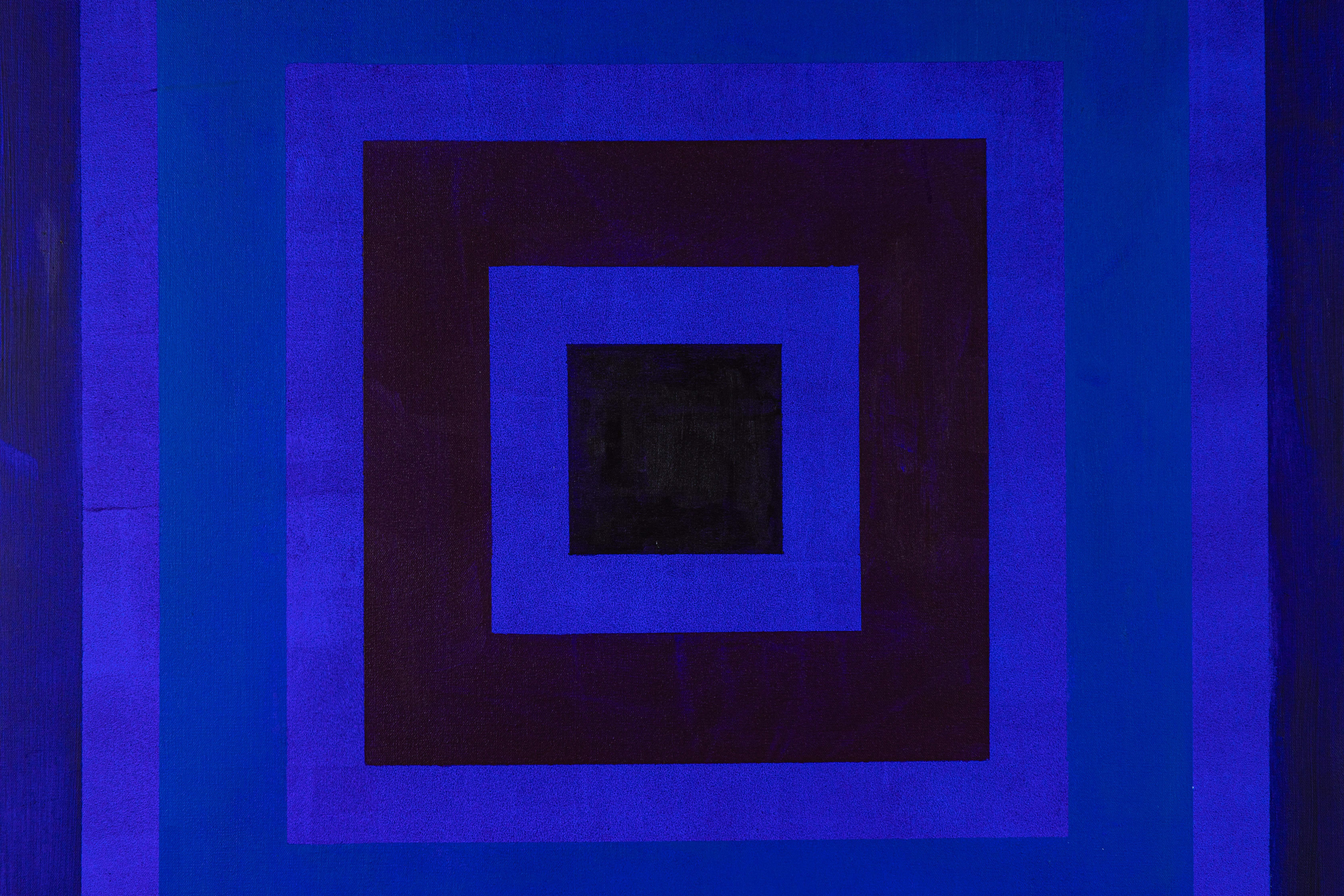 Bold painting in various shades of cobalt blue in a geometric pattern with an op art vibe. Signed verso.