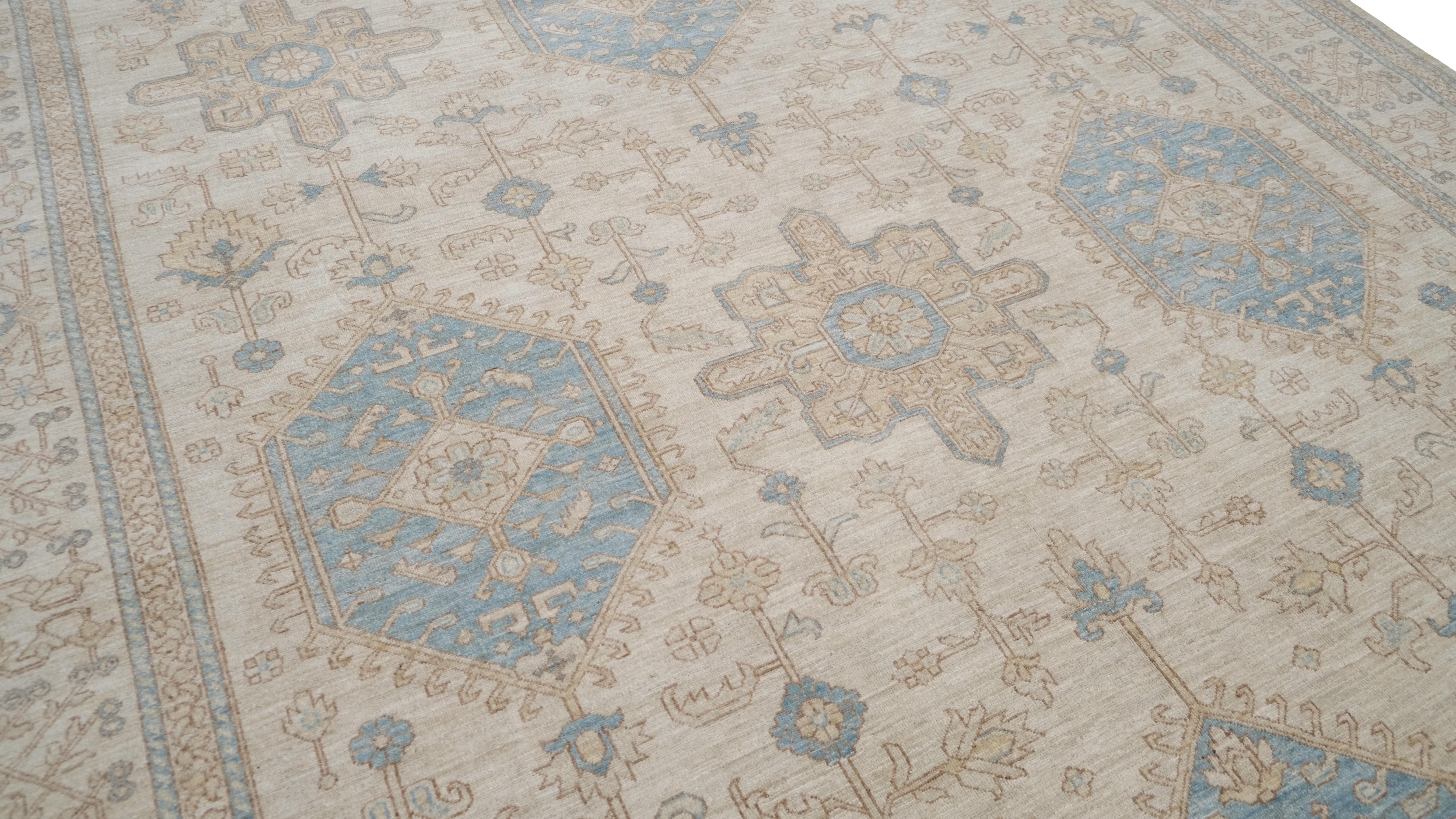 Alfombra de lana geométrica Oushak azul y beige 9'11''x13'6'' Afgano en venta