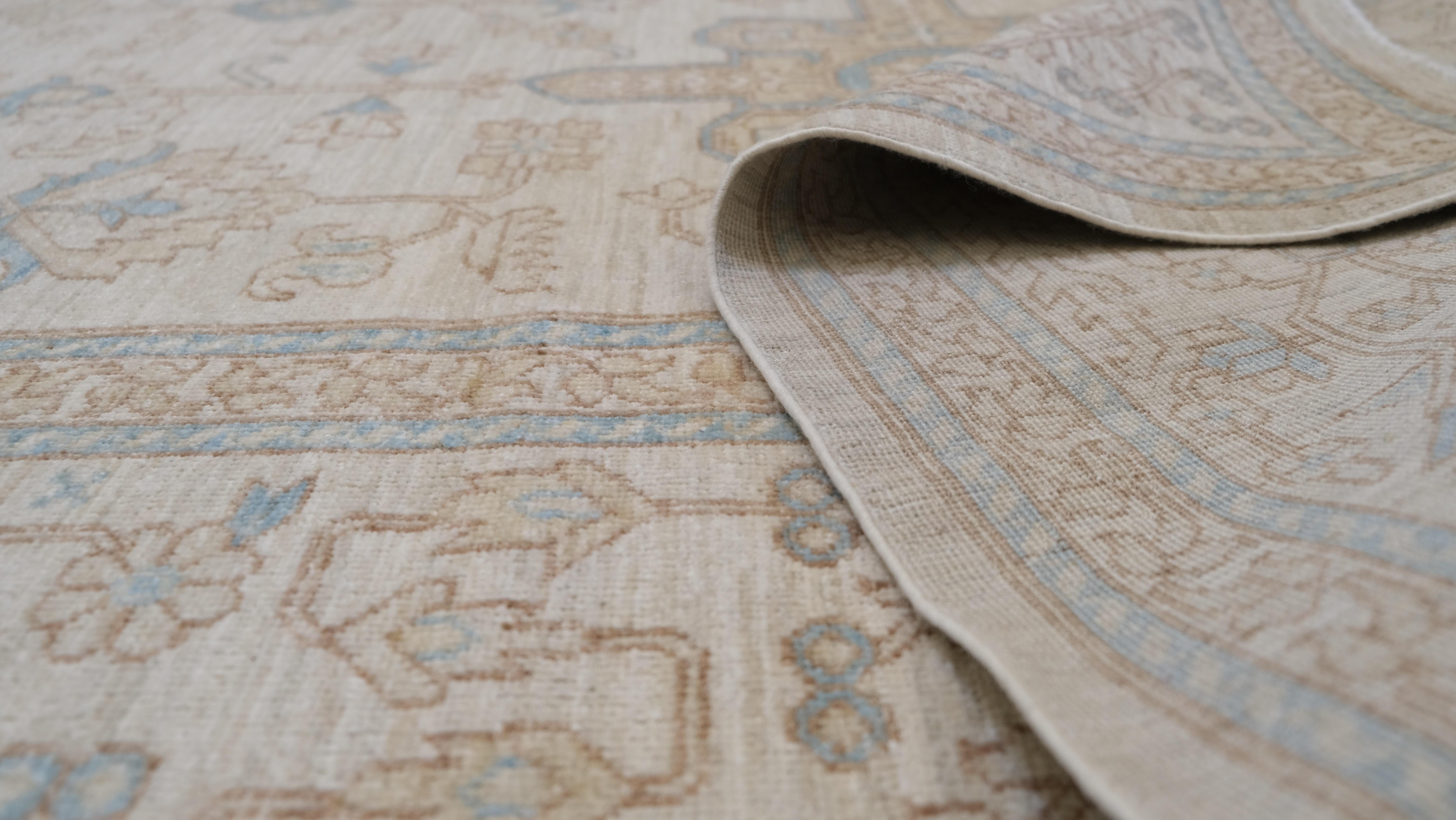 Alfombra de lana geométrica Oushak azul y beige 9'11''x13'6'' Lana en venta