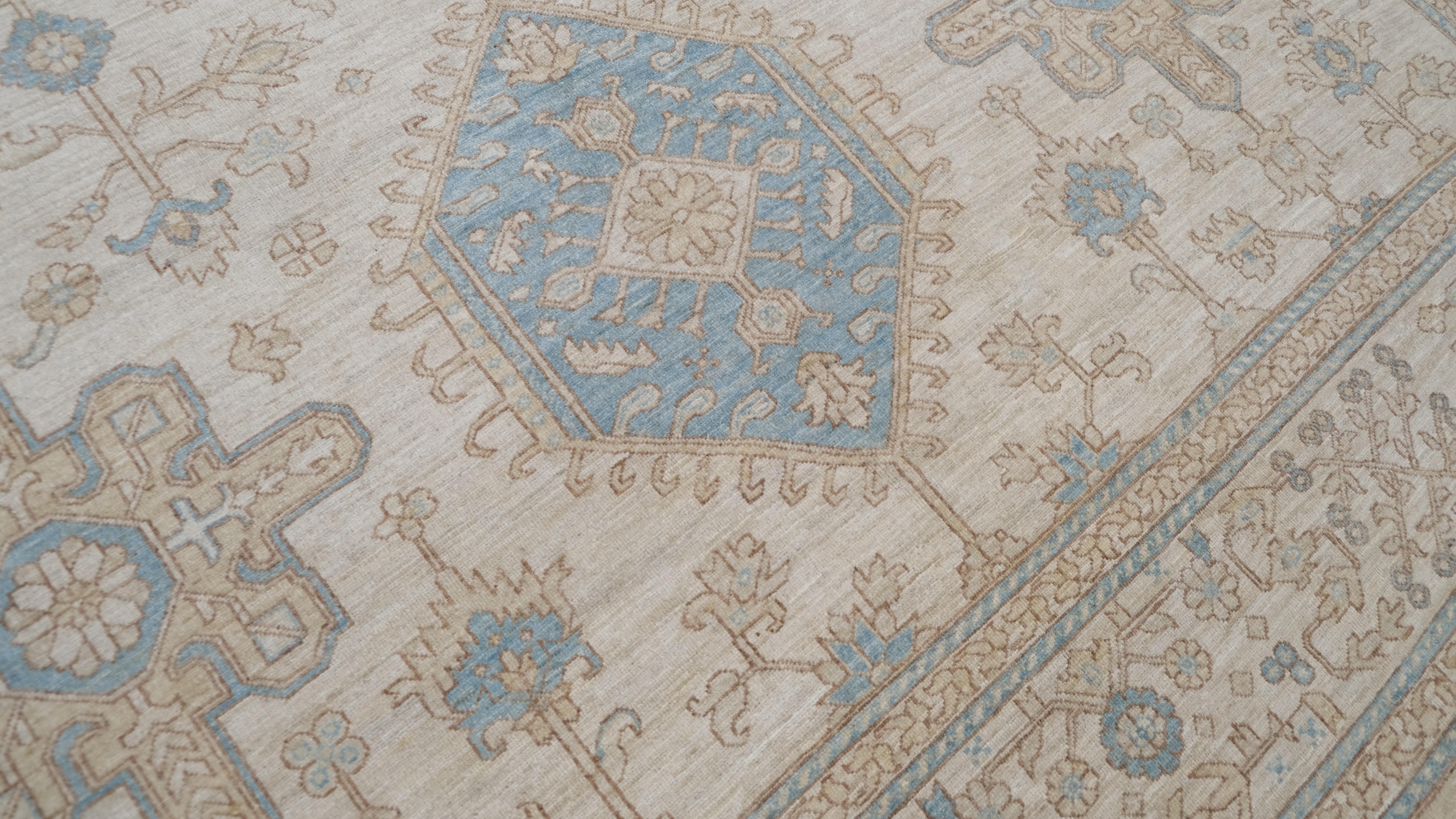 Alfombra de lana geométrica Oushak azul y beige 9'11''x13'6'' en venta 1