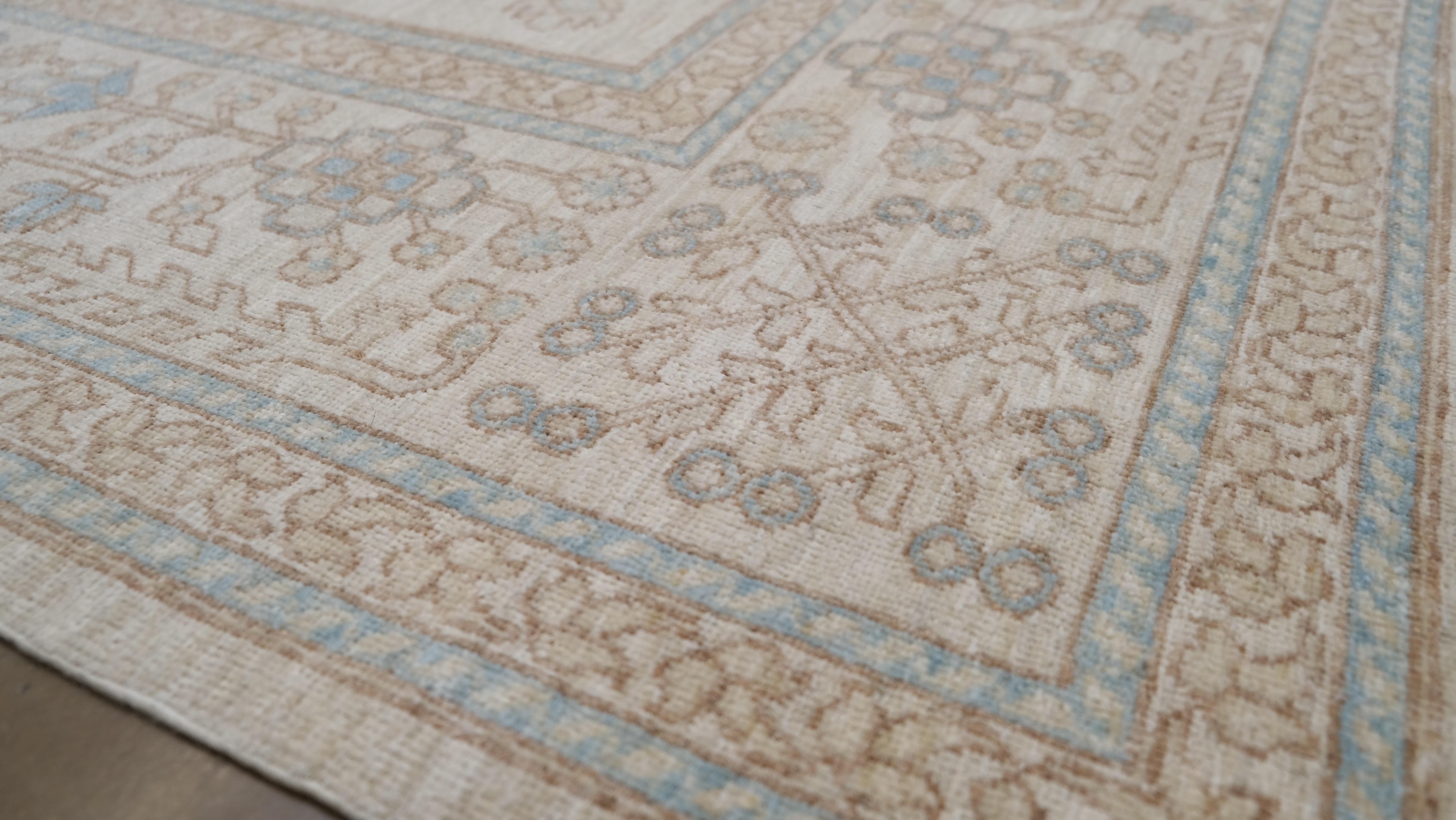 Alfombra de lana geométrica Oushak azul y beige 9'11''x13'6'' en venta 2