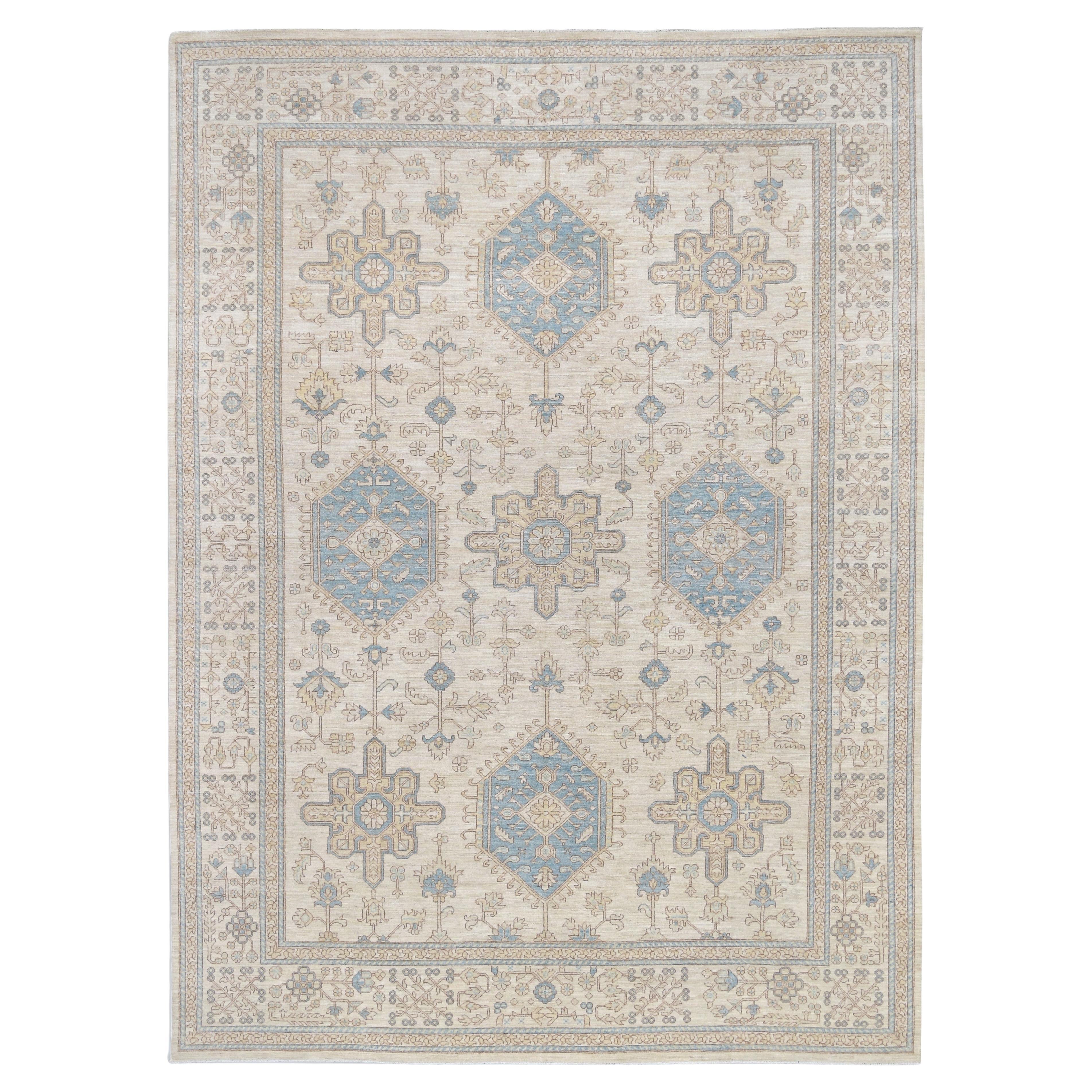 Geometric Oushak Blue and Beige Wool Rug 9'11''x13'6''