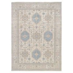 Geometric Oushak Blue and Beige Wool Rug 9'11''x13'6''