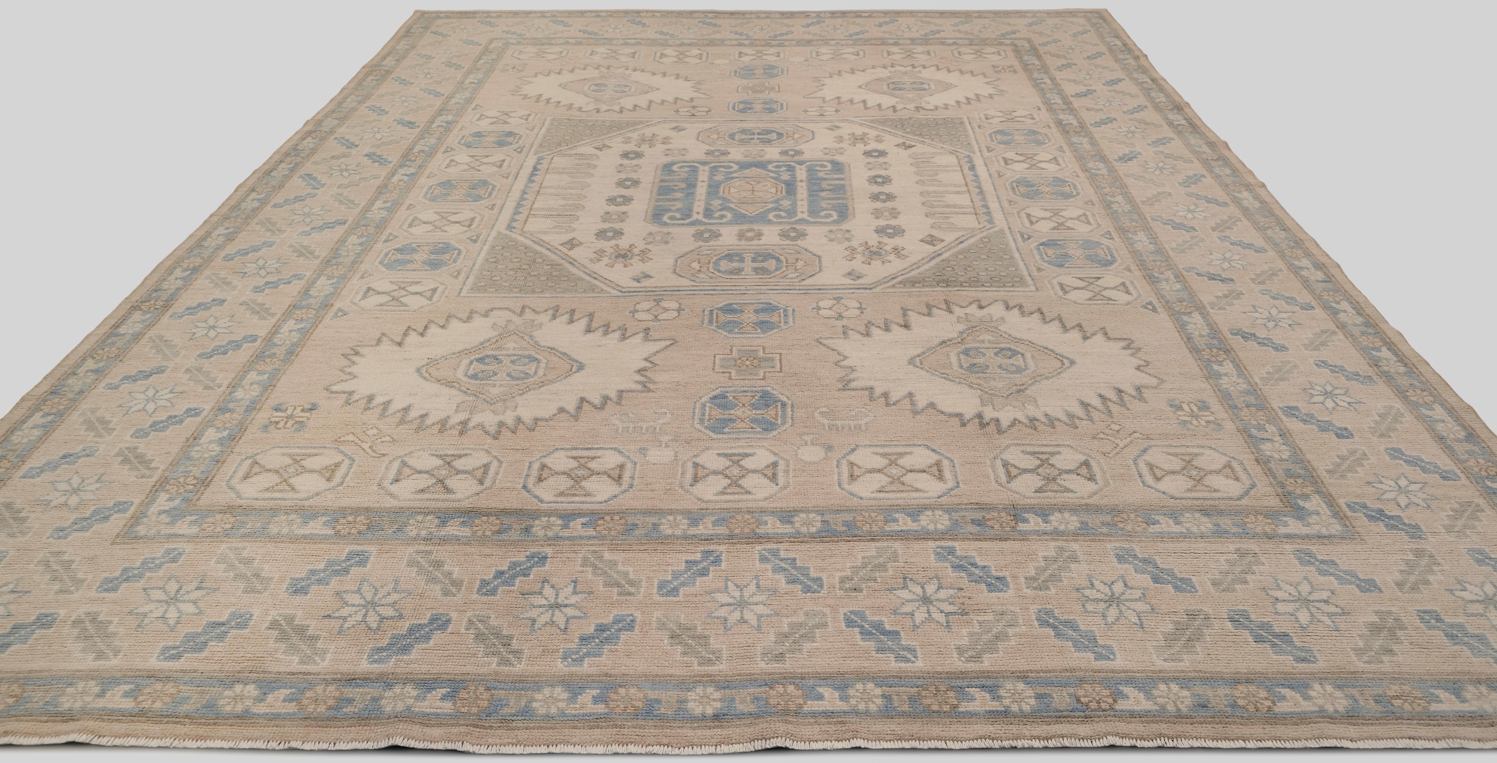 Geometrischer Oushak weicher pastellfarbener Wollteppich 9'x12' (Pakistanisch) im Angebot