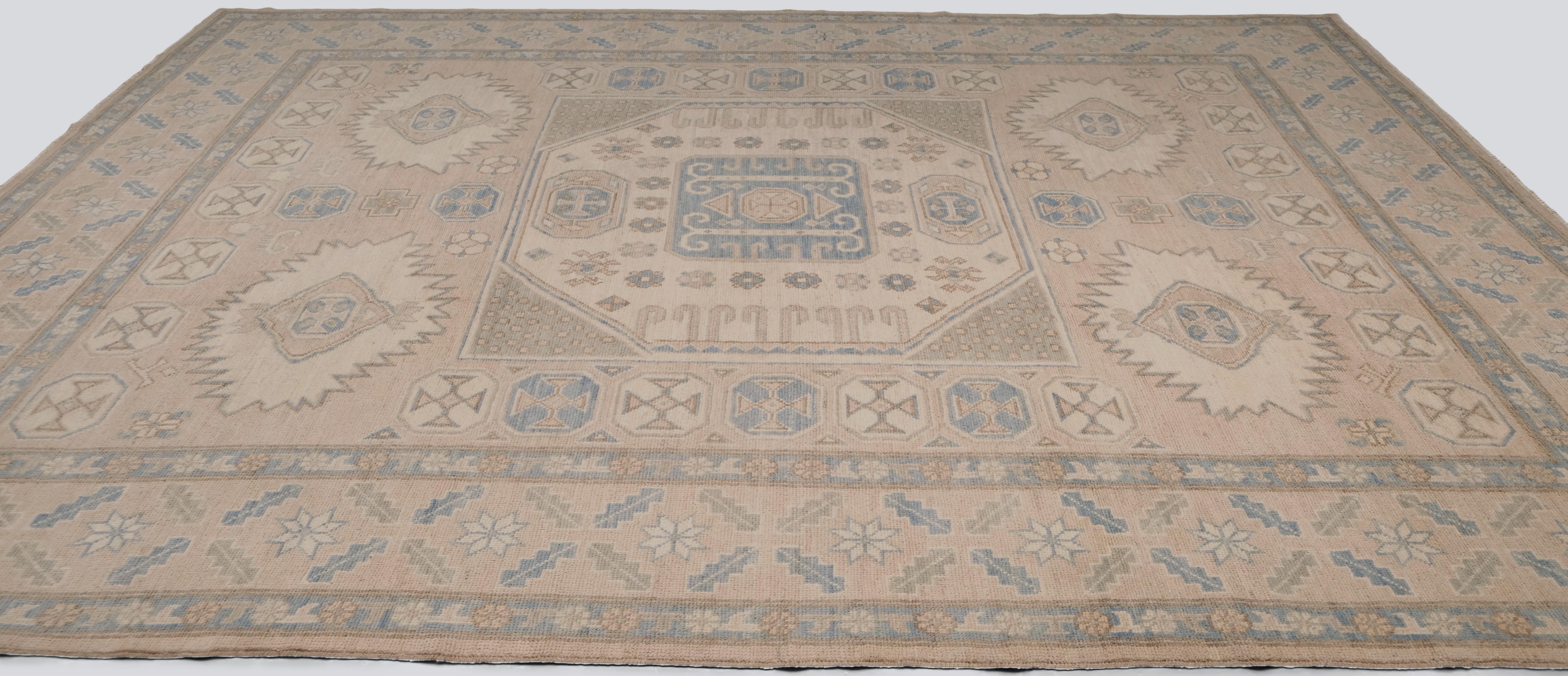 Geometrischer Oushak weicher pastellfarbener Wollteppich 9'x12' (Handgeknüpft) im Angebot