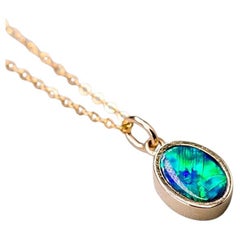 Geometric Oval Shaped Australian Doublet Opal Pendant 14k Yellow Gold