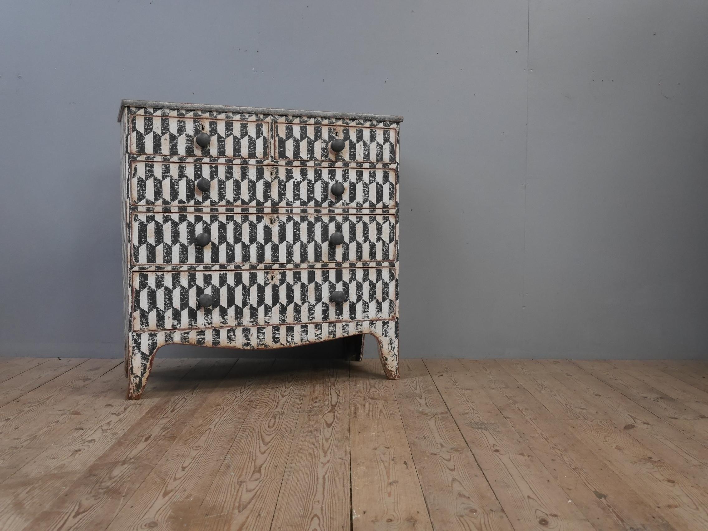 Rustic Geometric Painted Georgian Chest For Sale