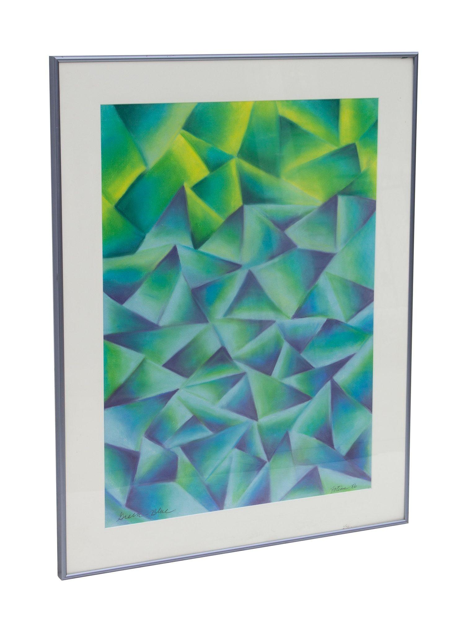 USA, 1986
Geometric Pastel Drawing in greens and blues. Titled 'Green-Blue' and signed Fotias '86.
CONDITION NOTES: In good original condition; framed.
DIMENSIONS: 28.25