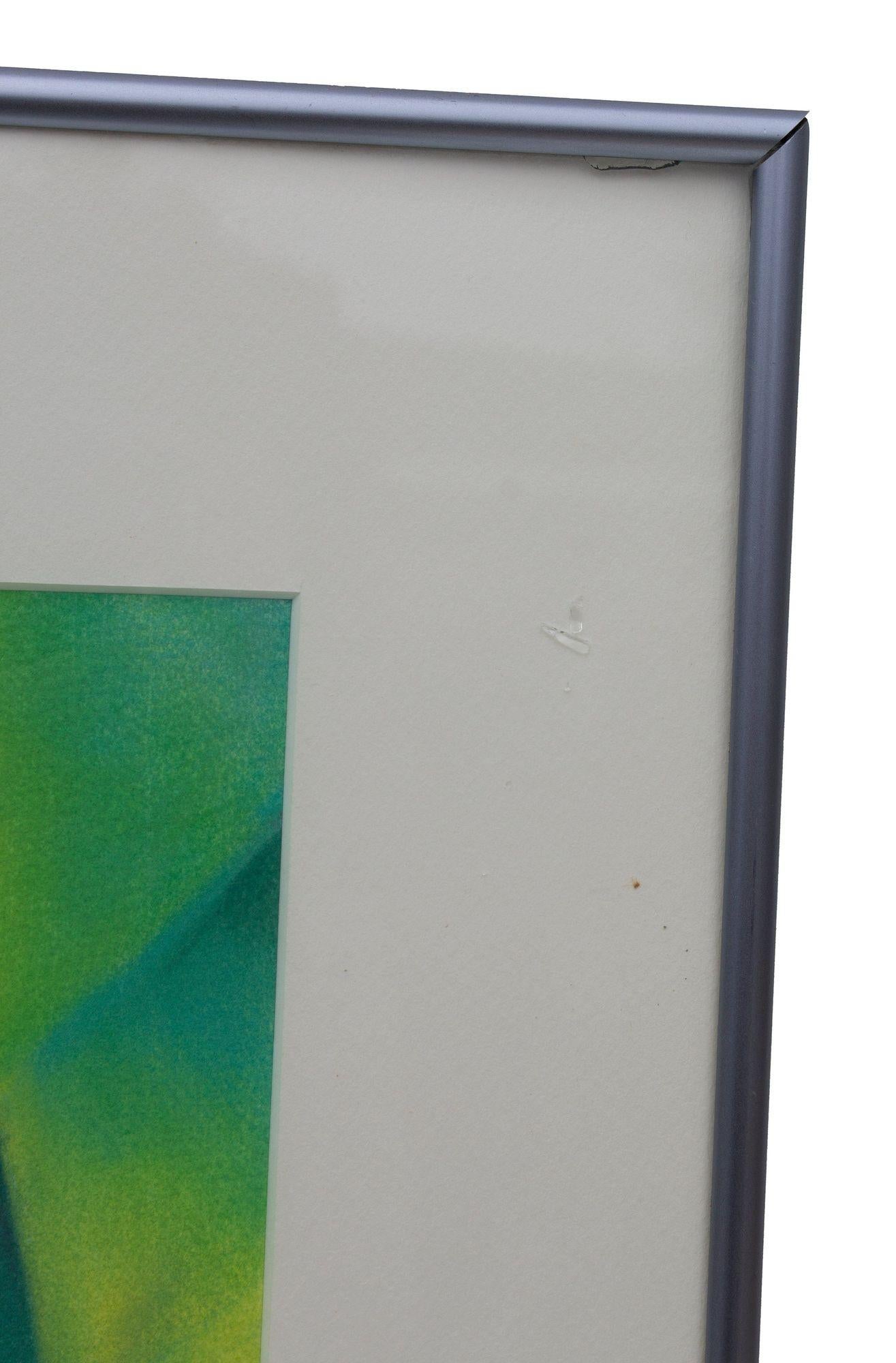 Modern Geometric Pastel Drawing in Greens and Blues Signed Fotias '86 For Sale
