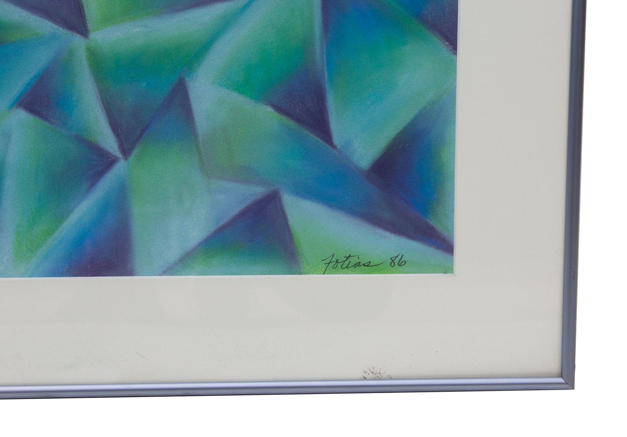 American Geometric Pastel Drawing in Greens and Blues Signed Fotias '86 For Sale