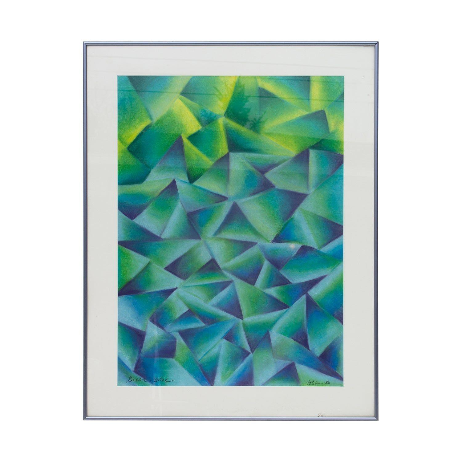 Geometric Pastel Drawing in Greens and Blues Signed Fotias '86 For Sale
