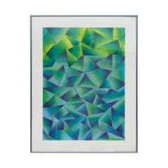 Disegno geometrico a pastello in verde e blu firmato Fotias '86