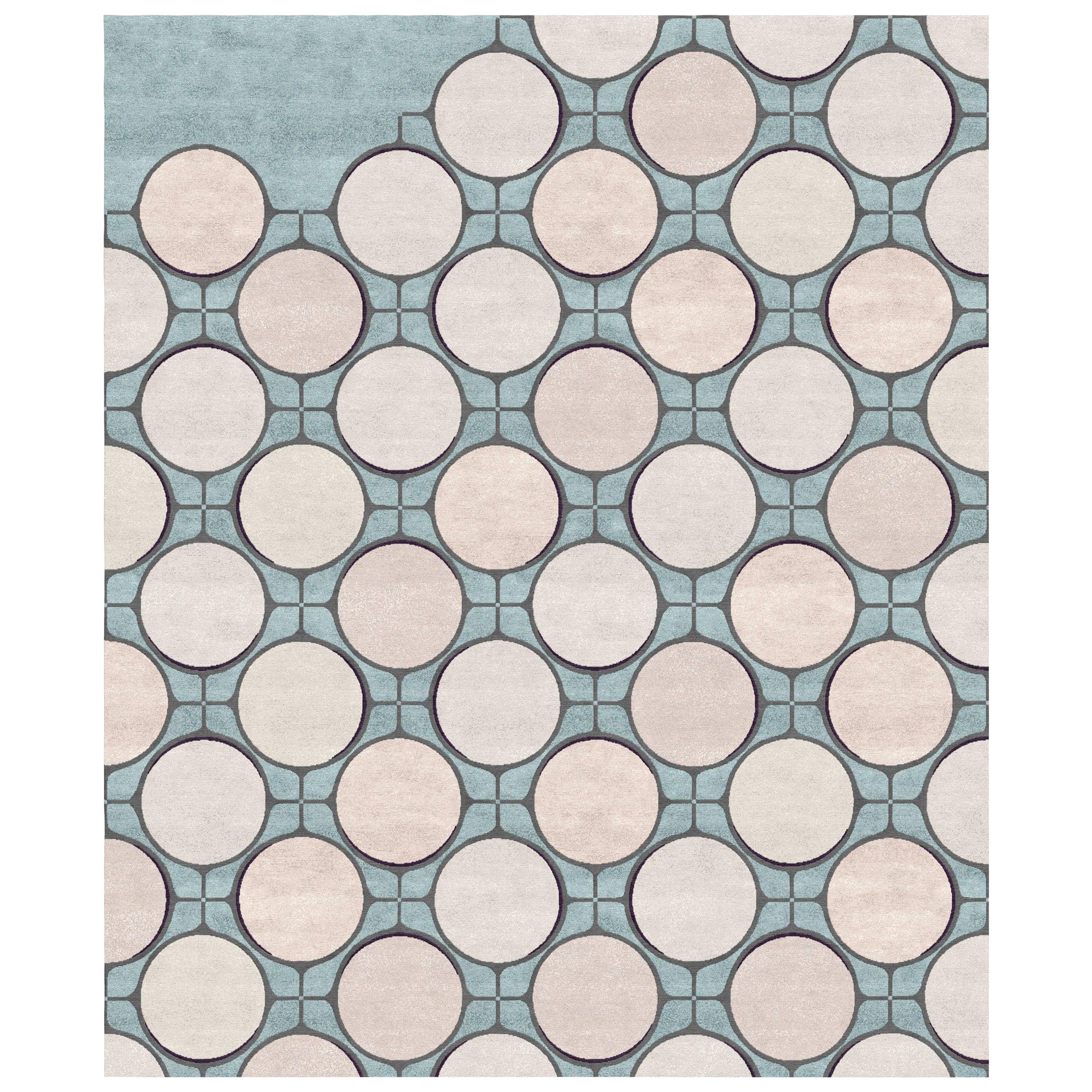 Geometric Pattern Beige Blue Modern Rug for Living Room, Sacre-Coeur, in Stock For Sale