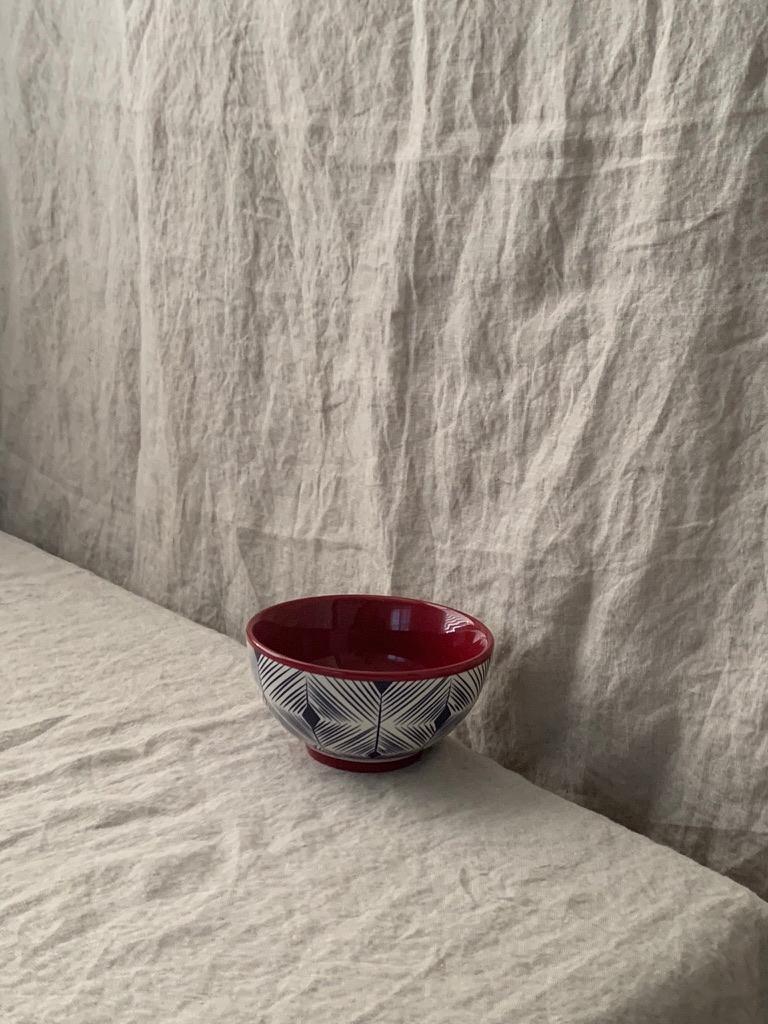 Bohemian Geometric Pattern, Ceramic Footed Bowl, Indigo &Scarlet For Sale