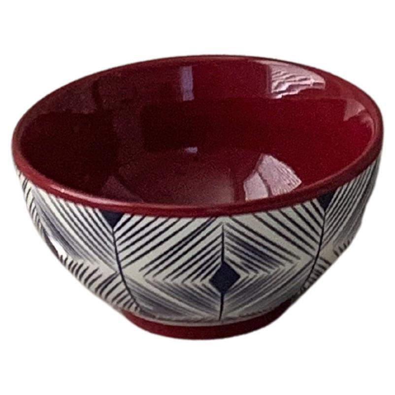 Geometric Pattern, Ceramic Footed Bowl, Indigo &Scarlet For Sale