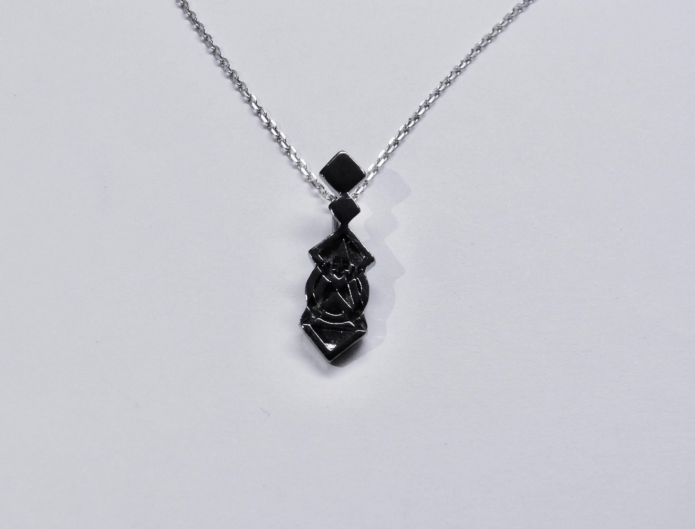 There are some geometric shapes. This item has combined with some geometric shapes. Pattern A and B are a kind of inside out pattern. This pendant is made of Sterling Silver with black rhodium plated as one of the Geometry Collection. 

This item is