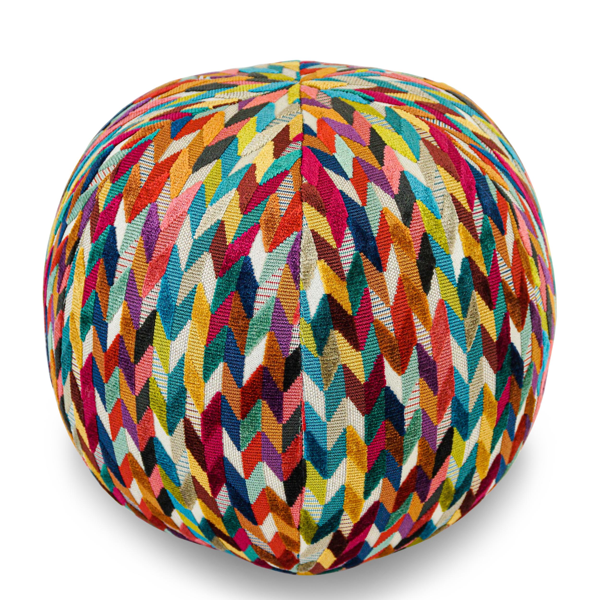 Firm down/feather stuffed ball pillow covered in Confetti colored cut velvet. Can be customized in size and fabric. Ask about current availability of shown ball. 

Measurements:
12” diameter x 12” height
Disclaimer: Due to their handcrafted nature,