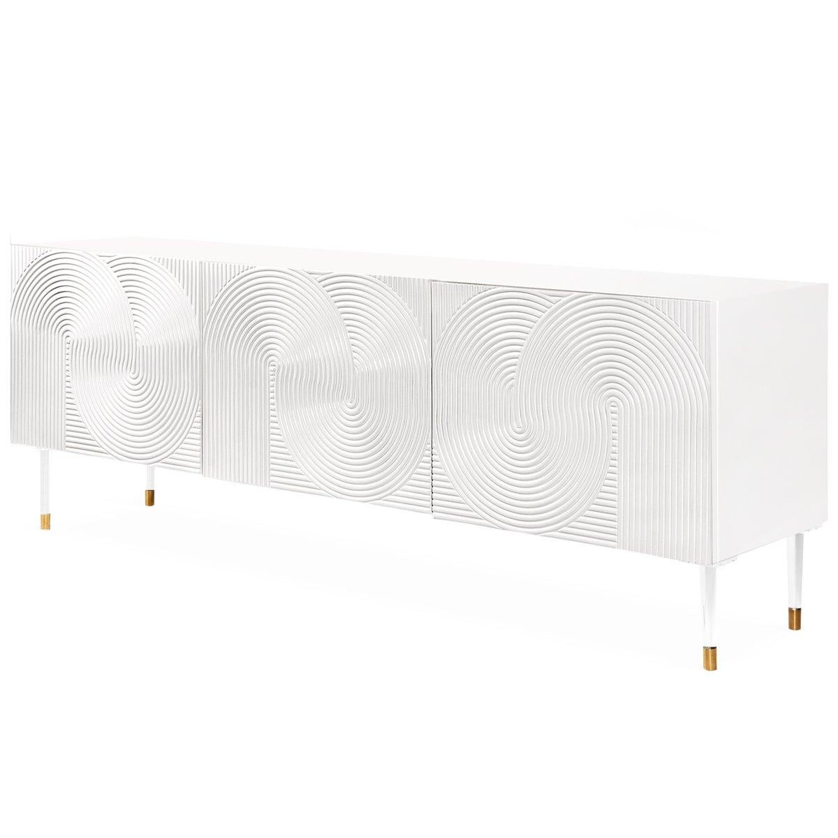 Asian Geometric Pattern Side Board in White Satin Lacquer For Sale
