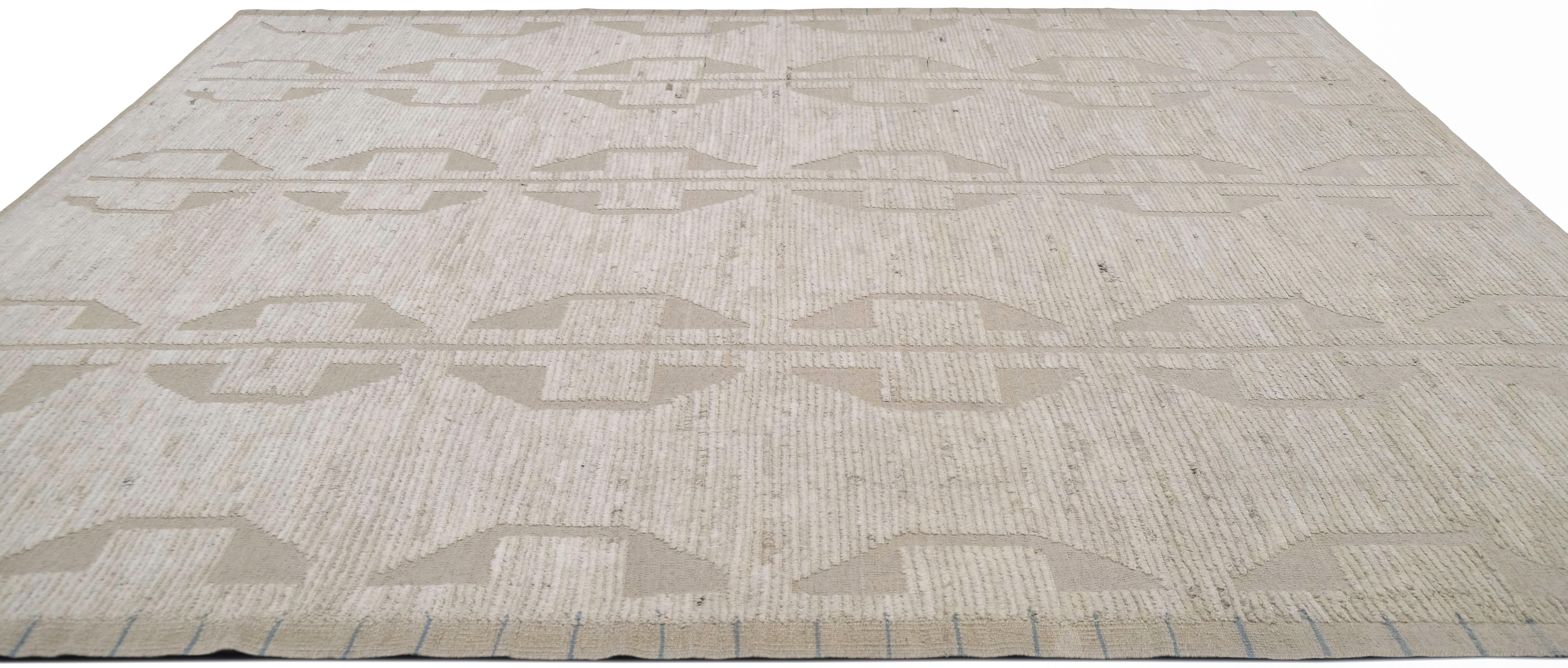 Art Deco Geometric Pattern with subtle Abstract Linear Motifs Ivory Wool Rug 9'4''x11'8'' For Sale