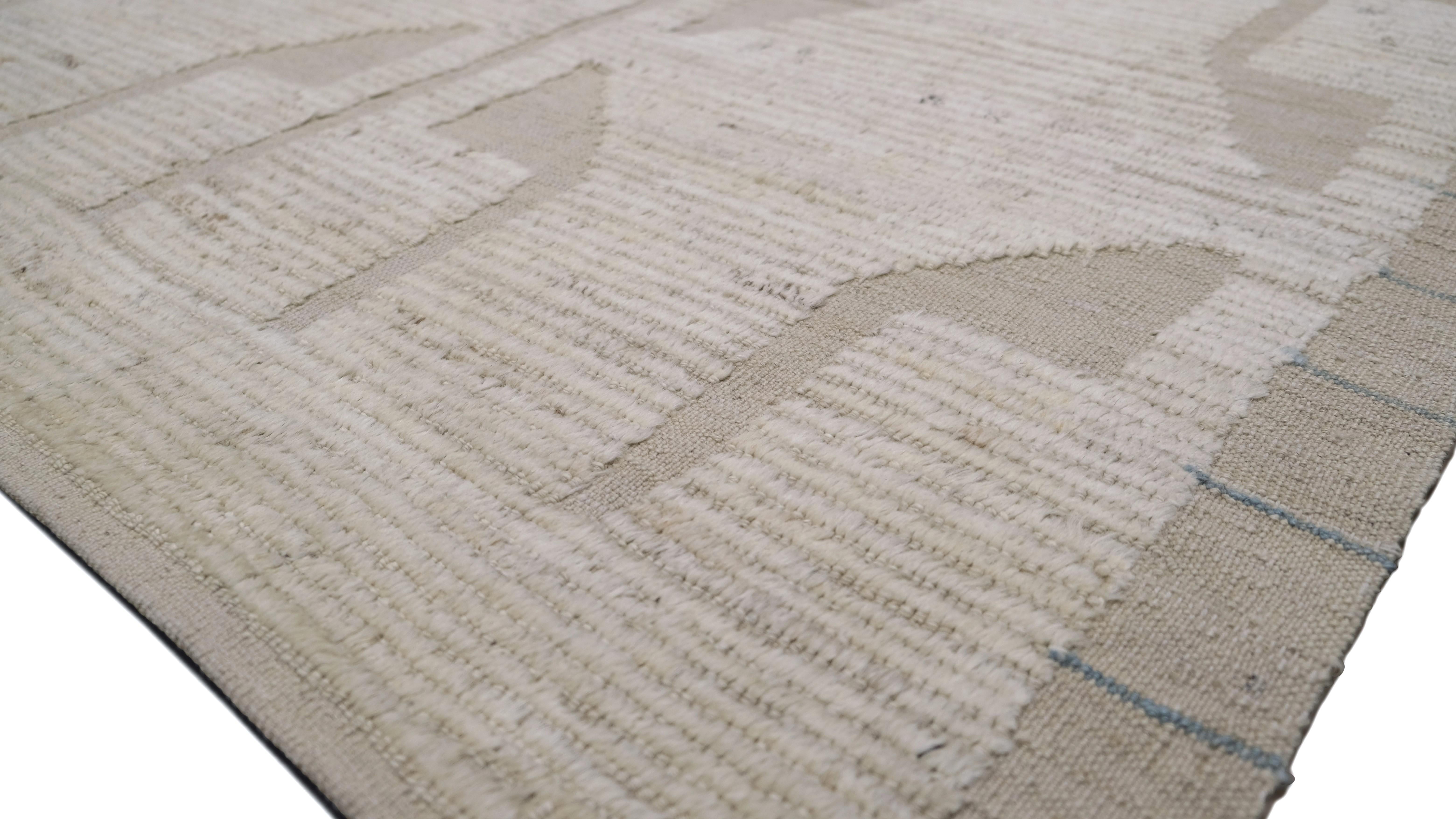 Afghan Geometric Pattern with subtle Abstract Linear Motifs Ivory Wool Rug 9'4''x11'8'' For Sale