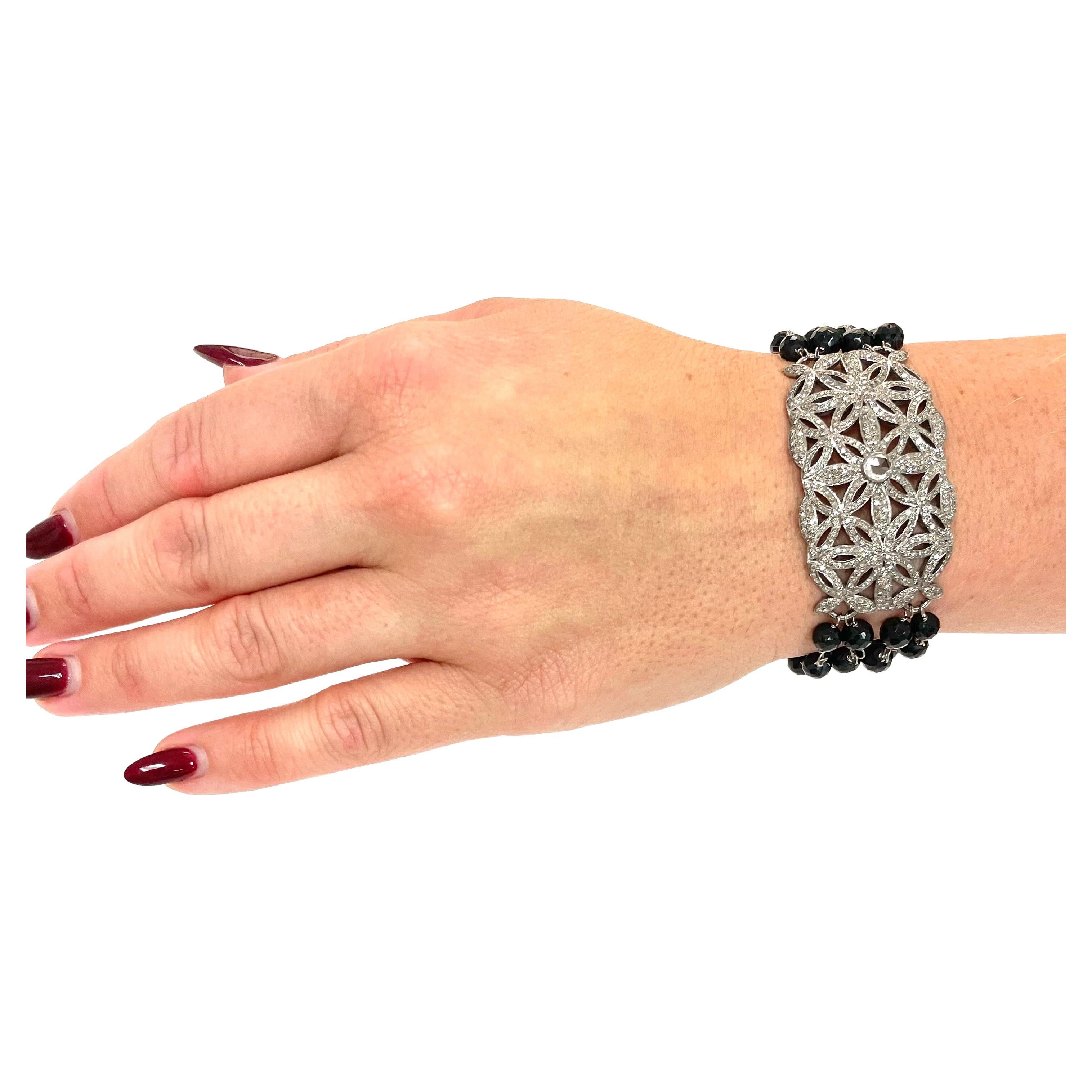 Geometric Pave Diamond Plaquette with Black Spinel Bracelet For Sale 5