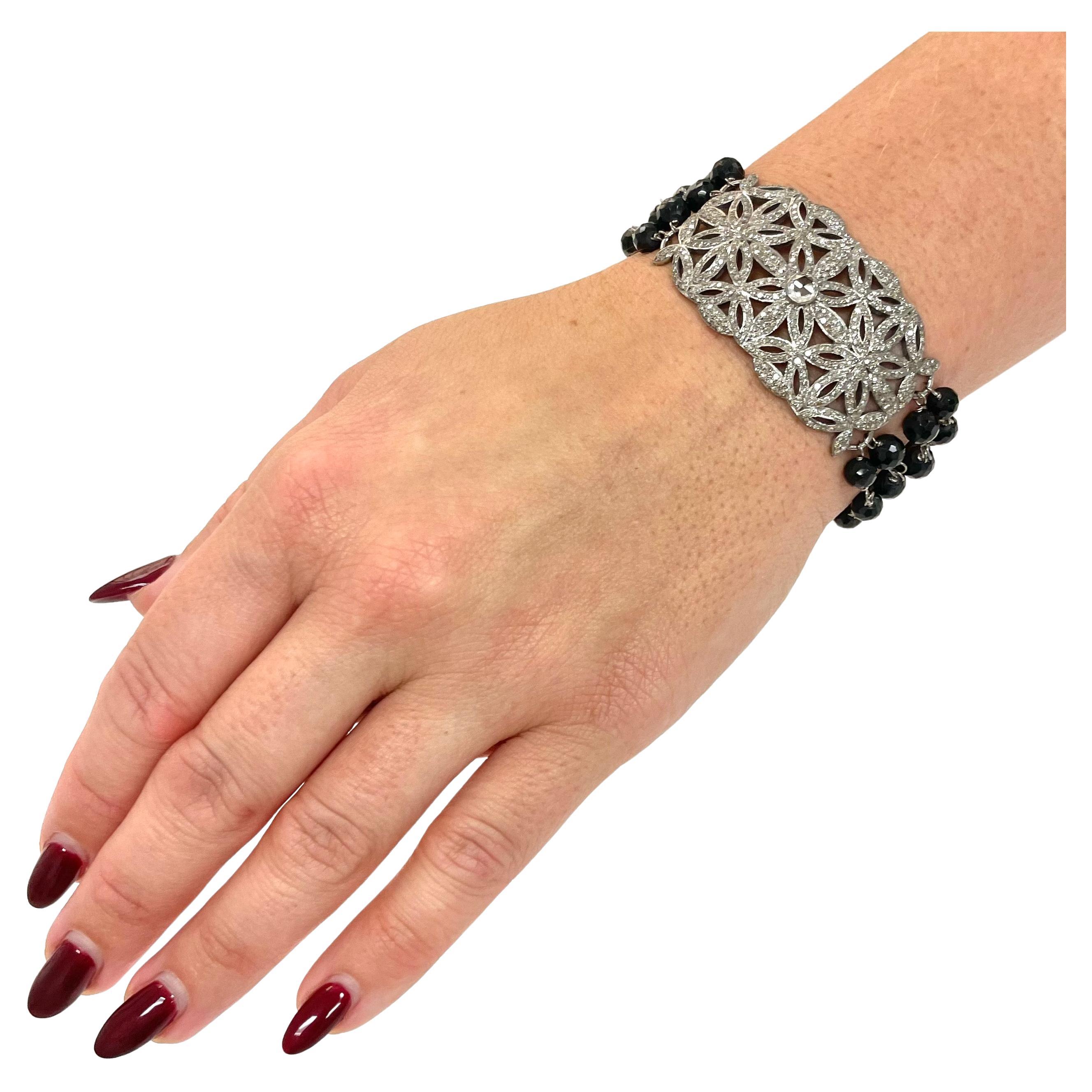 Geometric Pave Diamond Plaquette with Black Spinel Bracelet For Sale 6