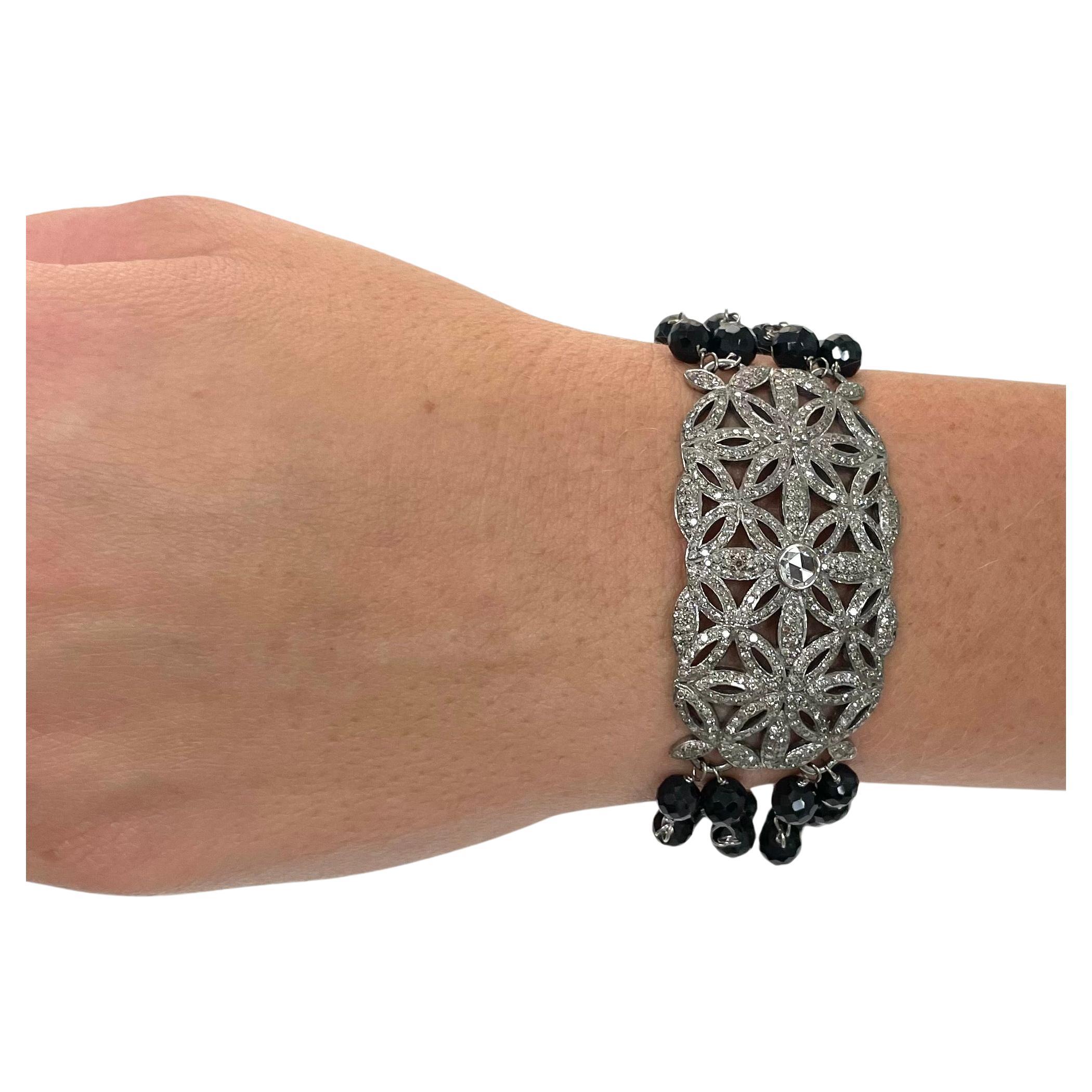 Geometric Pave Diamond Plaquette with Black Spinel Bracelet For Sale 3