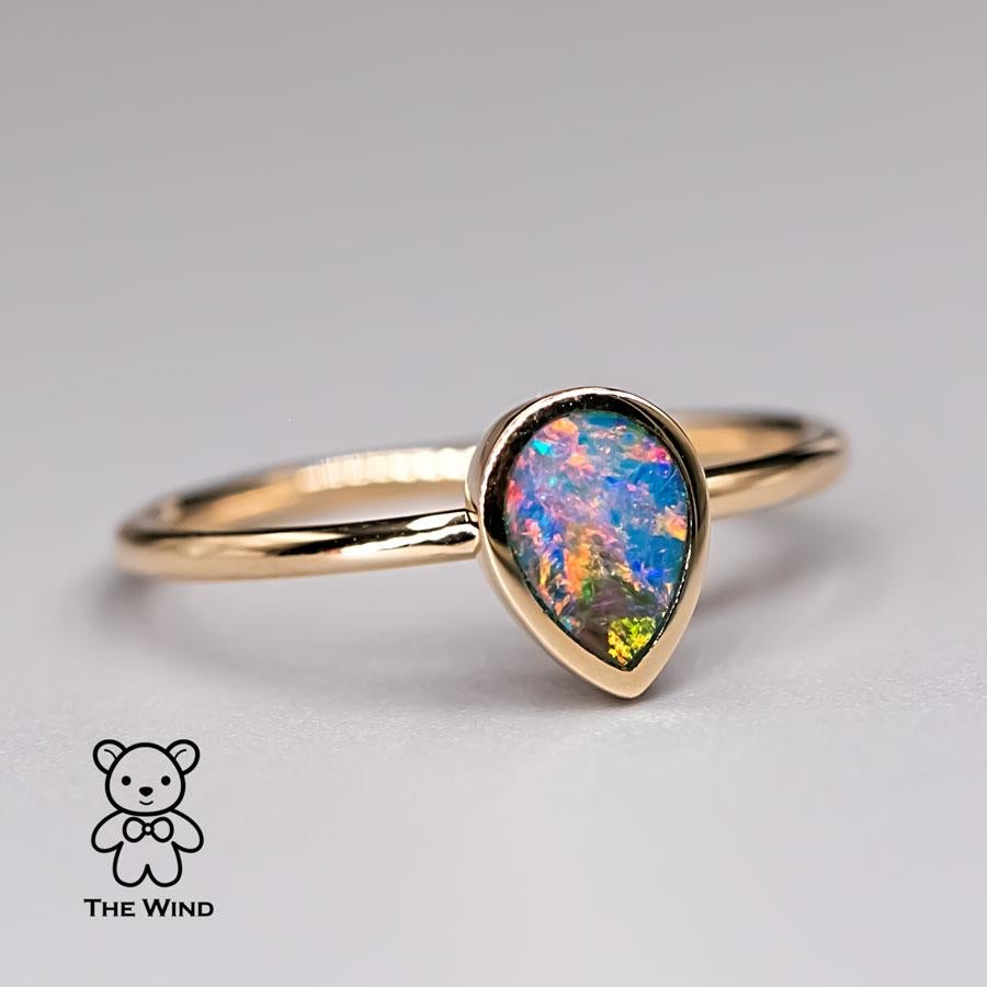 Arts and Crafts Geometric Pear Shaped Australian Doublet Opal Engagement Ring 14K Yellow Gold