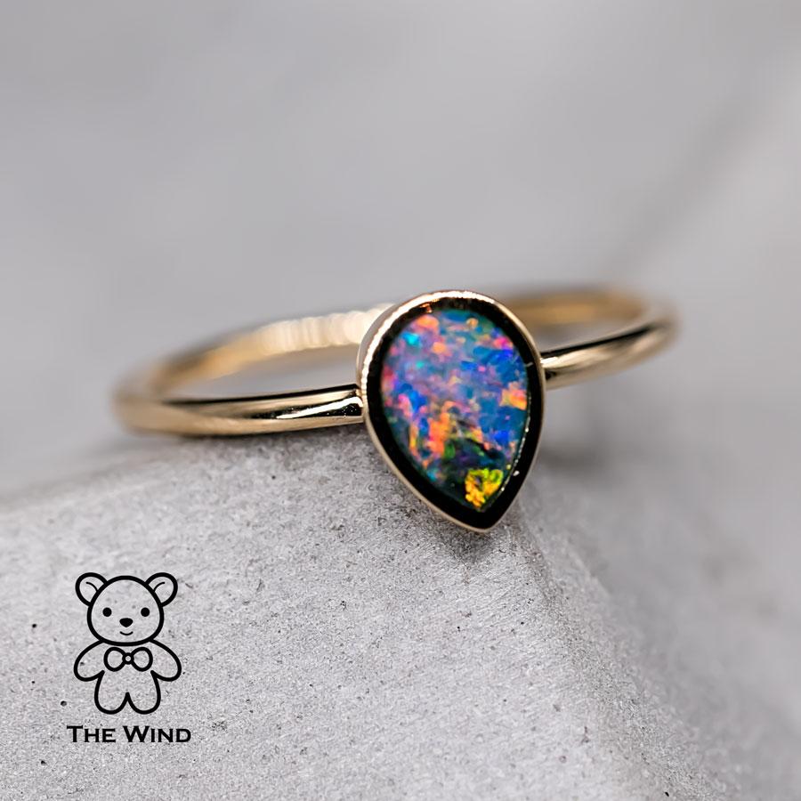 Pear Cut Geometric Pear Shaped Australian Doublet Opal Engagement Ring 14K Yellow Gold For Sale