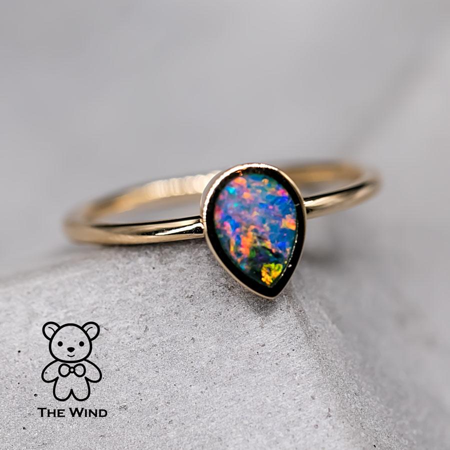 Pear Cut Geometric Pear Shaped Australian Doublet Opal Engagement Ring 14K Yellow Gold