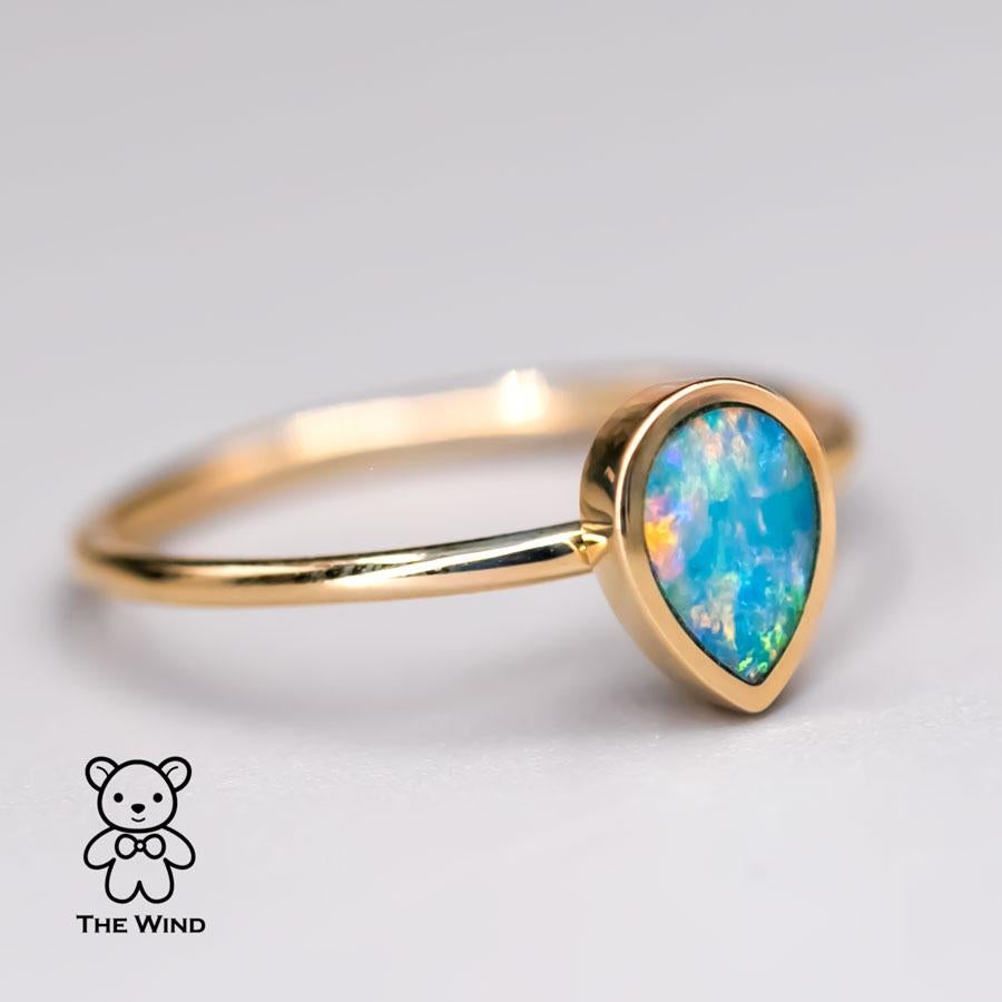 Women's or Men's Geometric Pear Shaped Australian Doublet Opal Engagement Ring 14K Yellow Gold For Sale