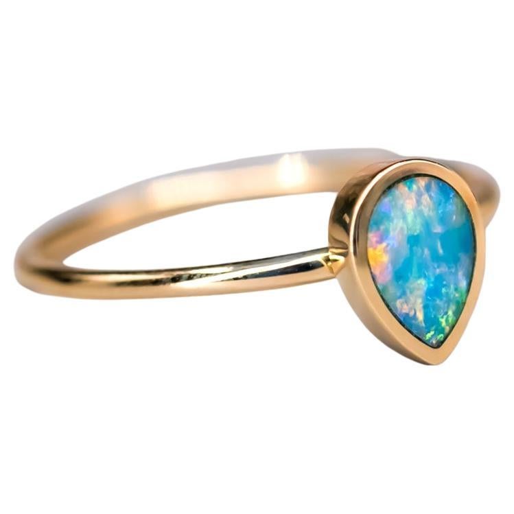 Geometric Pear Shaped Australian Doublet Opal Engagement Ring 14K Yellow Gold For Sale