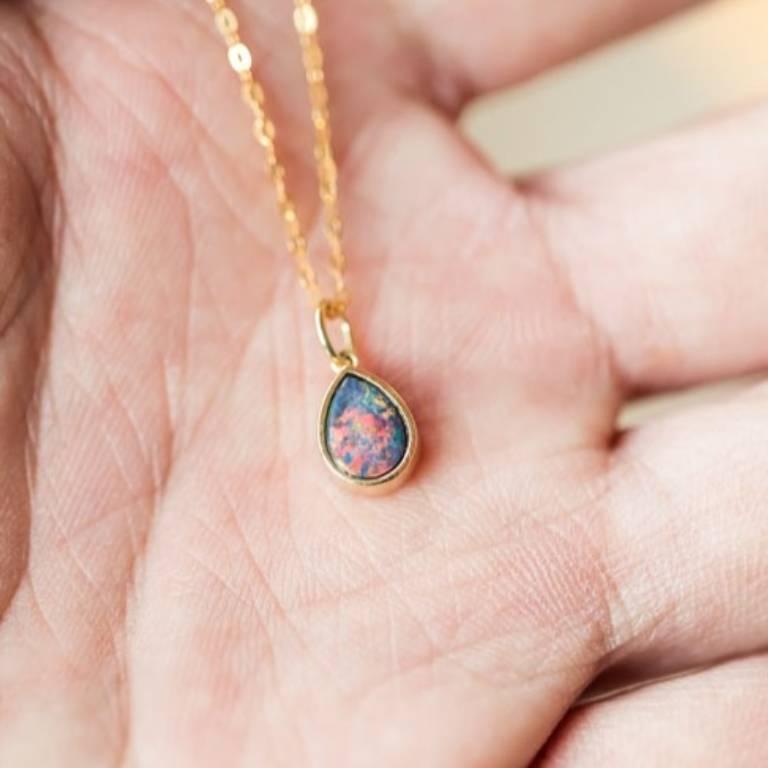 Pear Cut Geometric Pear Shaped Australian Doublet Opal Pendant 14k Yellow Gold For Sale