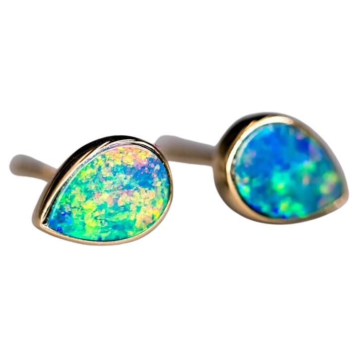 Geometric Pear Shaped Australian Doublet Opal Stud Earrings 14K Yellow Gold For Sale
