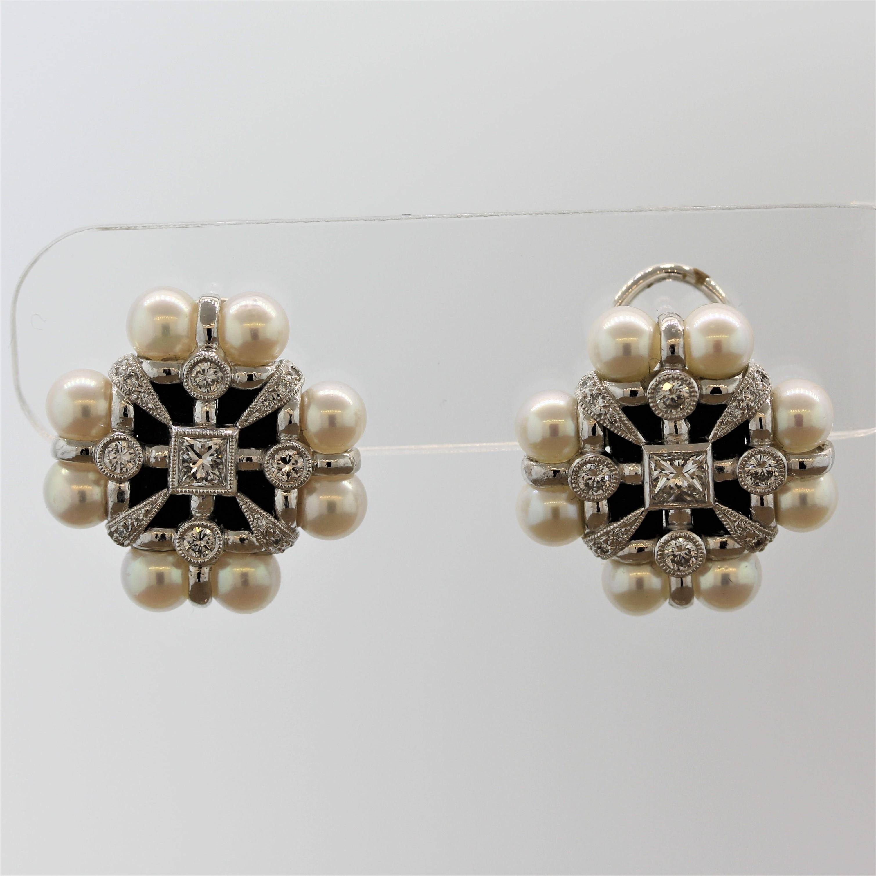 A unique geometric pair of earrings featuring 16 Akoya pearls and 1.46 carats of round brilliant and princess cut diamonds. Black onyx adds contrast to the piece. It is made in 18k white gold.

Length: 0.8 inches