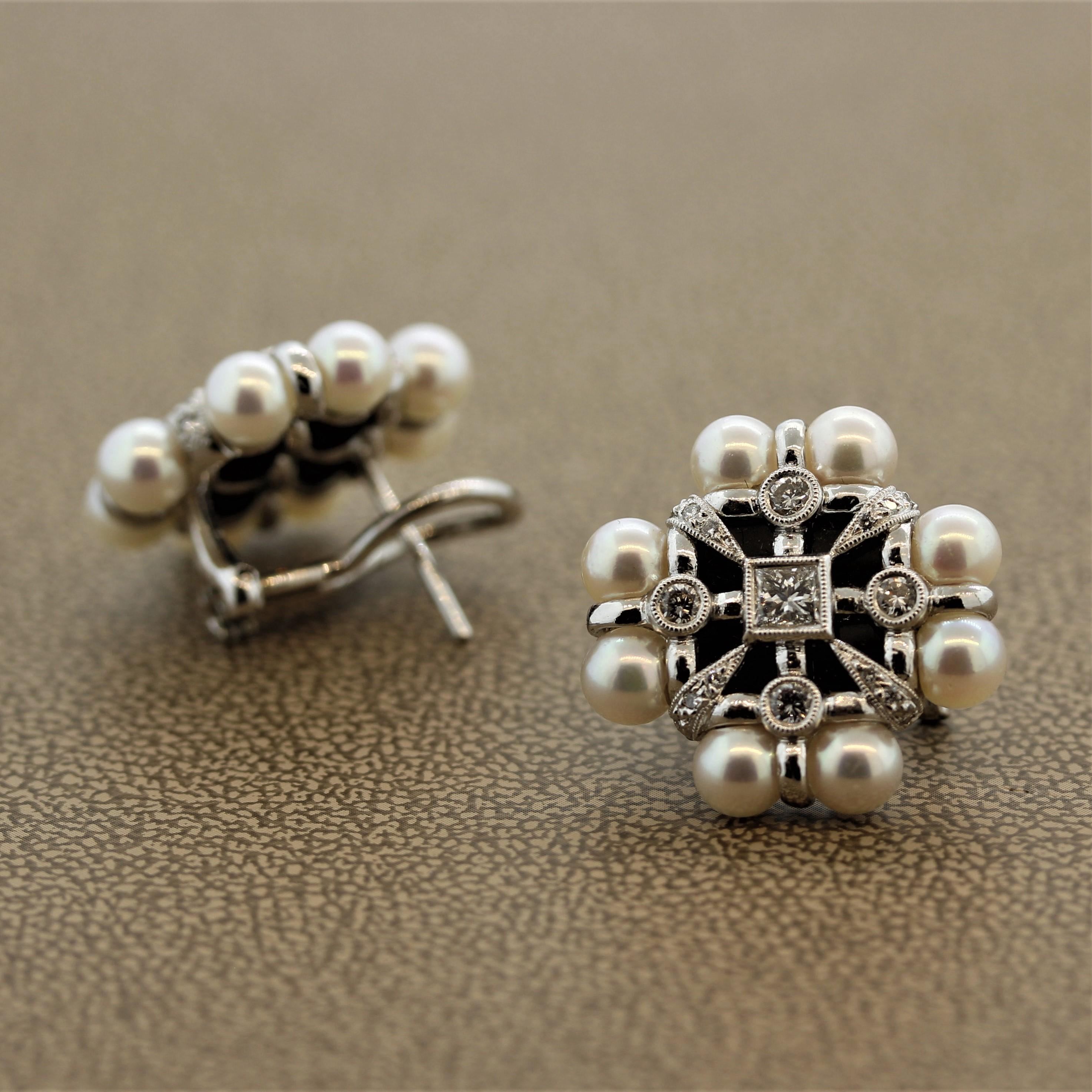 Round Cut Geometric Pearl Diamond Onyx Gold Earrings For Sale