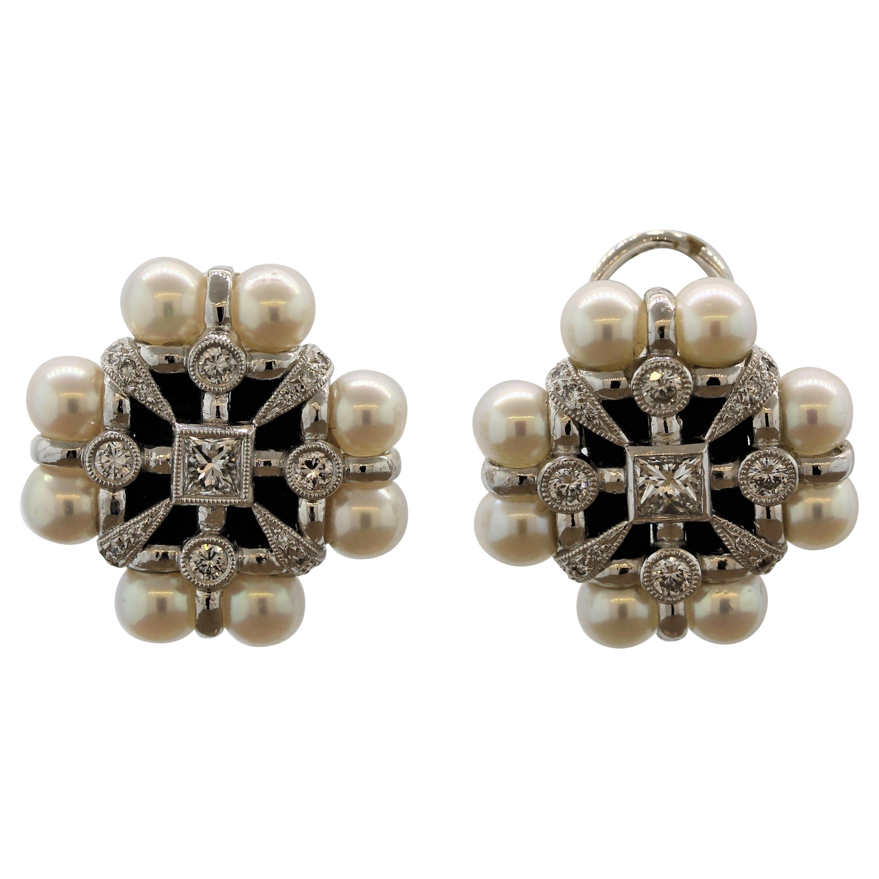 Geometric Pearl Diamond Onyx Gold Earrings For Sale