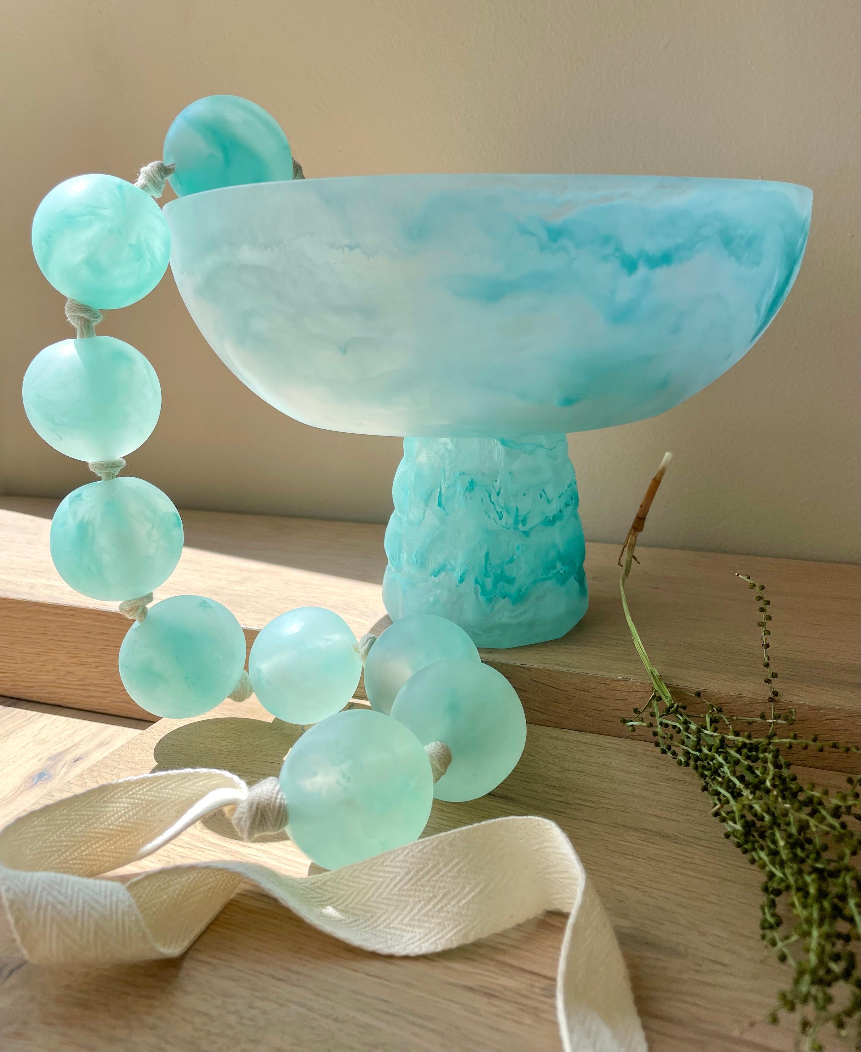 Mexican Geometric Pedestal Bowl in Marbled Aqua Resin by Paola Valle For Sale