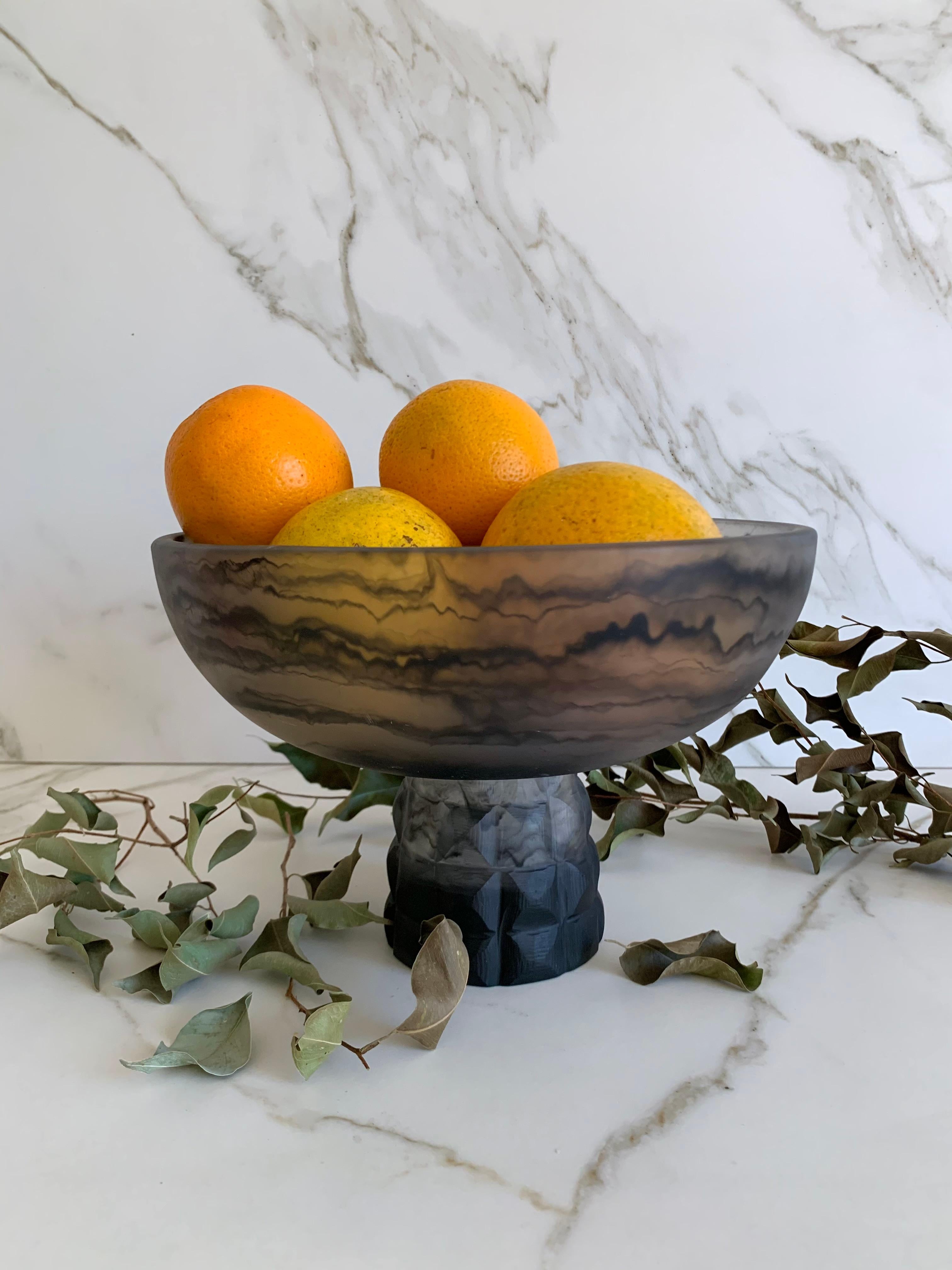 Modern Geometric Pedestal Bowl in Smoke and Black Marbled Resin by Paola Valle For Sale
